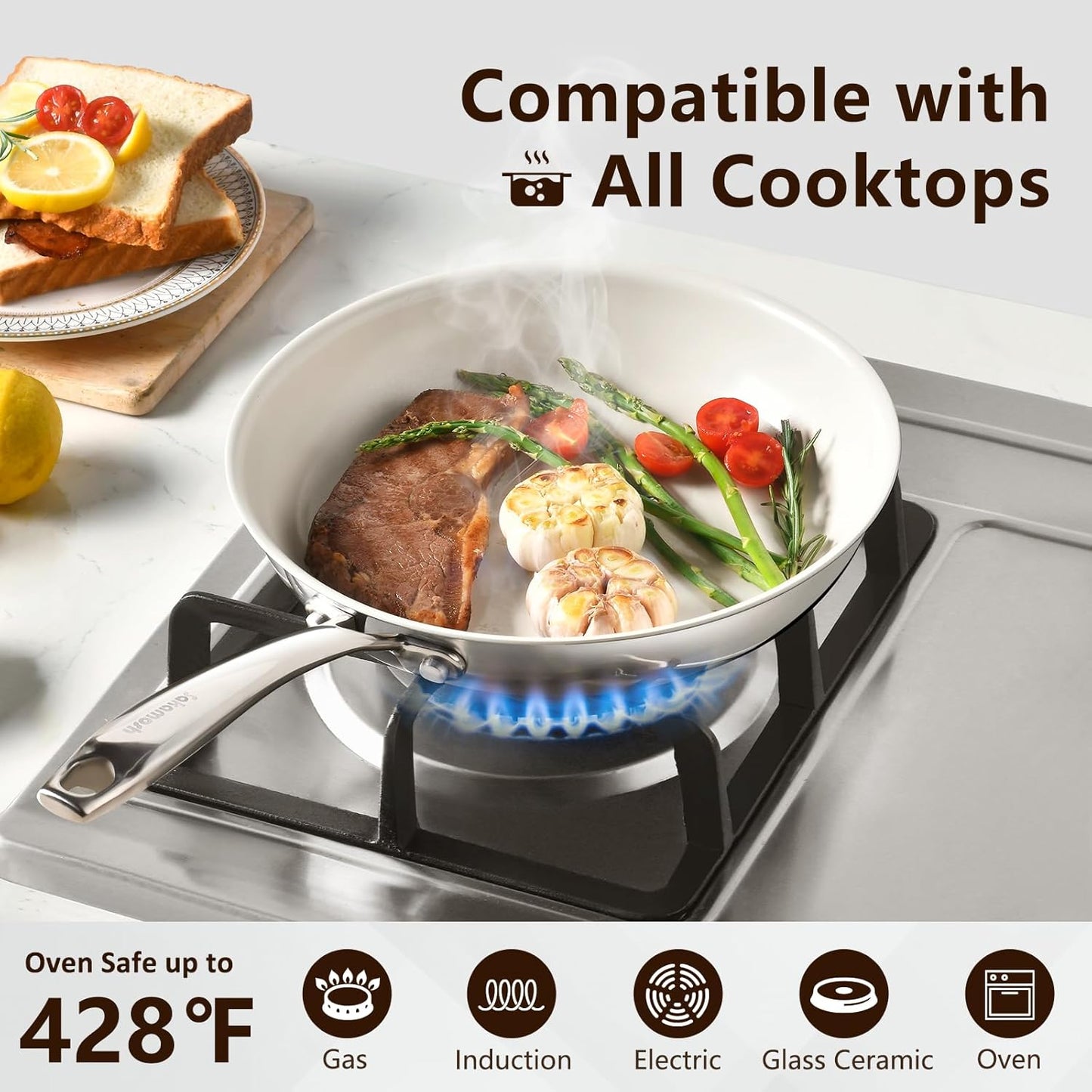 9.5" Tri-Ply Stainless Steel Frying Pan, Nonstick Ceramic Pan, Skillet with Stay-Cool Handle, Non Toxic, PFAS PFOA PTFE Free, Dishwasher & Oven Safe, Induction, Compatible with All Cooktops