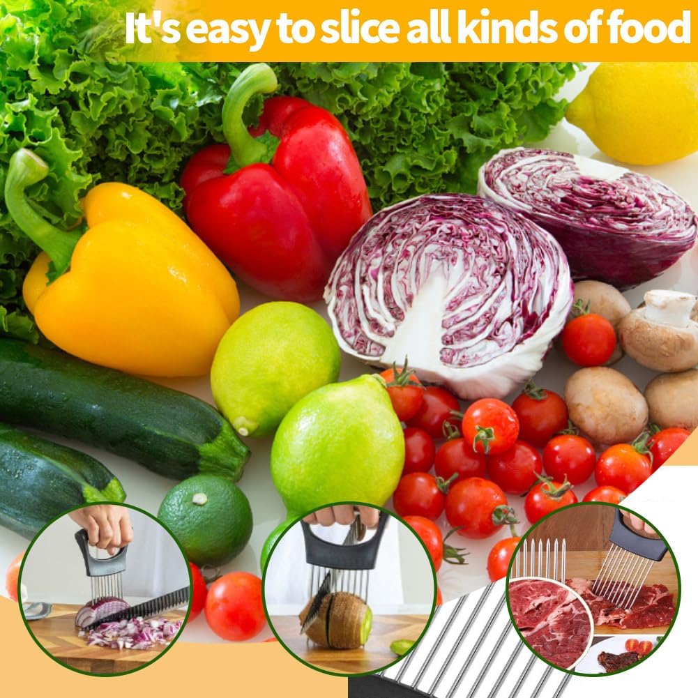 Onion Holder for Slicing, Stainless Steel Onion Slicer and Chopper, Lemon Slicer Vegetable Cutter Kitchen Tool, Food Slicing Assistant for Meat, Tomato, Potato, Lemon (1 Pack)