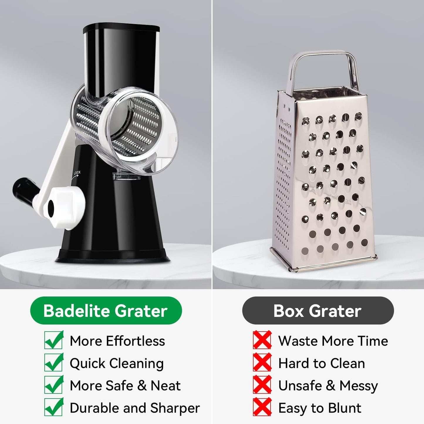 Rotary Cheese Grater Vegetable Shredder with Handle Round Kitchen Mandoline Slicer Grater for Nuts, Vegetable, Chocolate, Chesse - Black - 3 Replaceabe Stainless Steel Blades