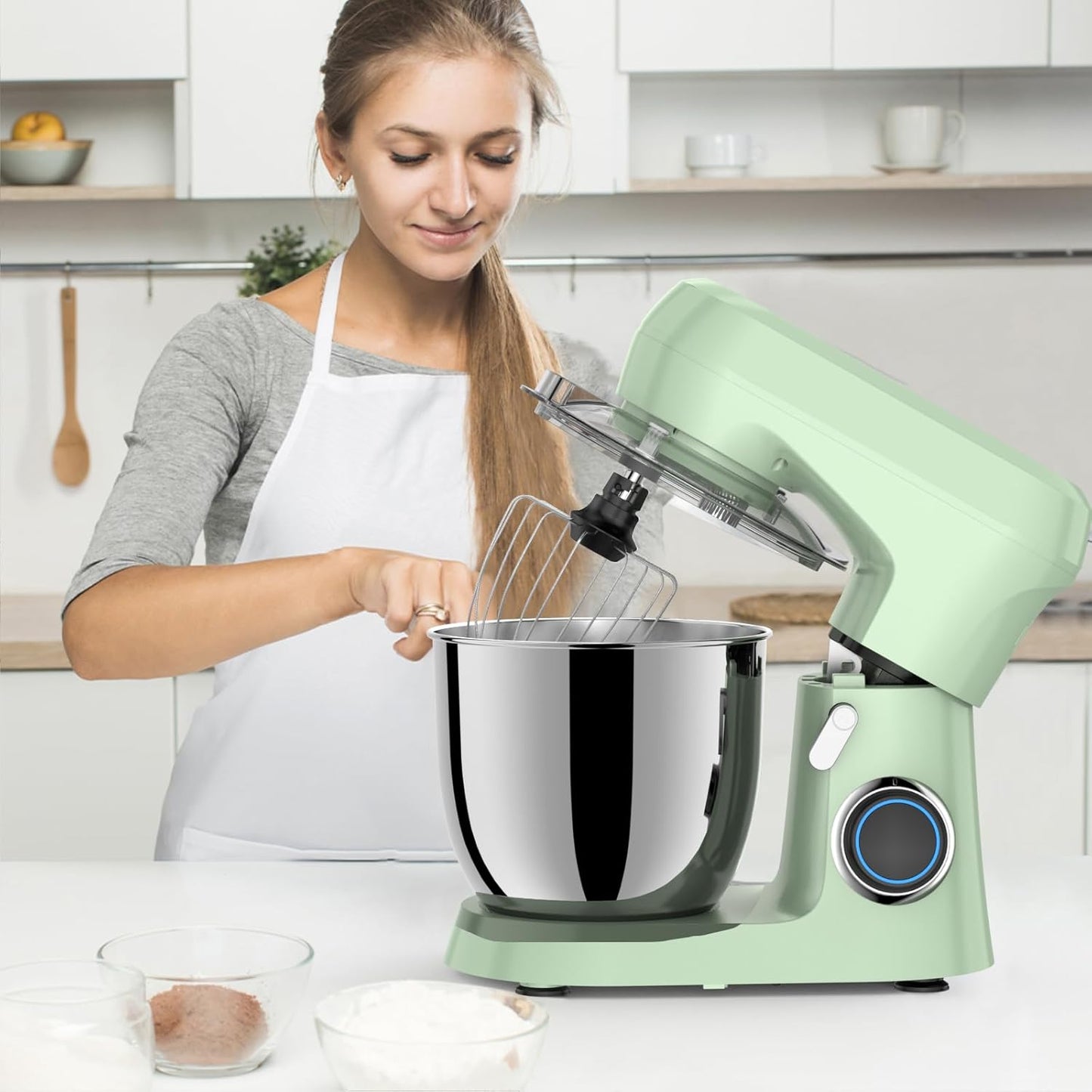 Stand Mixer, 5.5 Quart, 10 Speed Tilt-Head Food Mixer, Kitchen Electric Mixer with SS Bowl, Copper Motor, Beater, Dough Hook, SS Egg Whisk (450W Green)