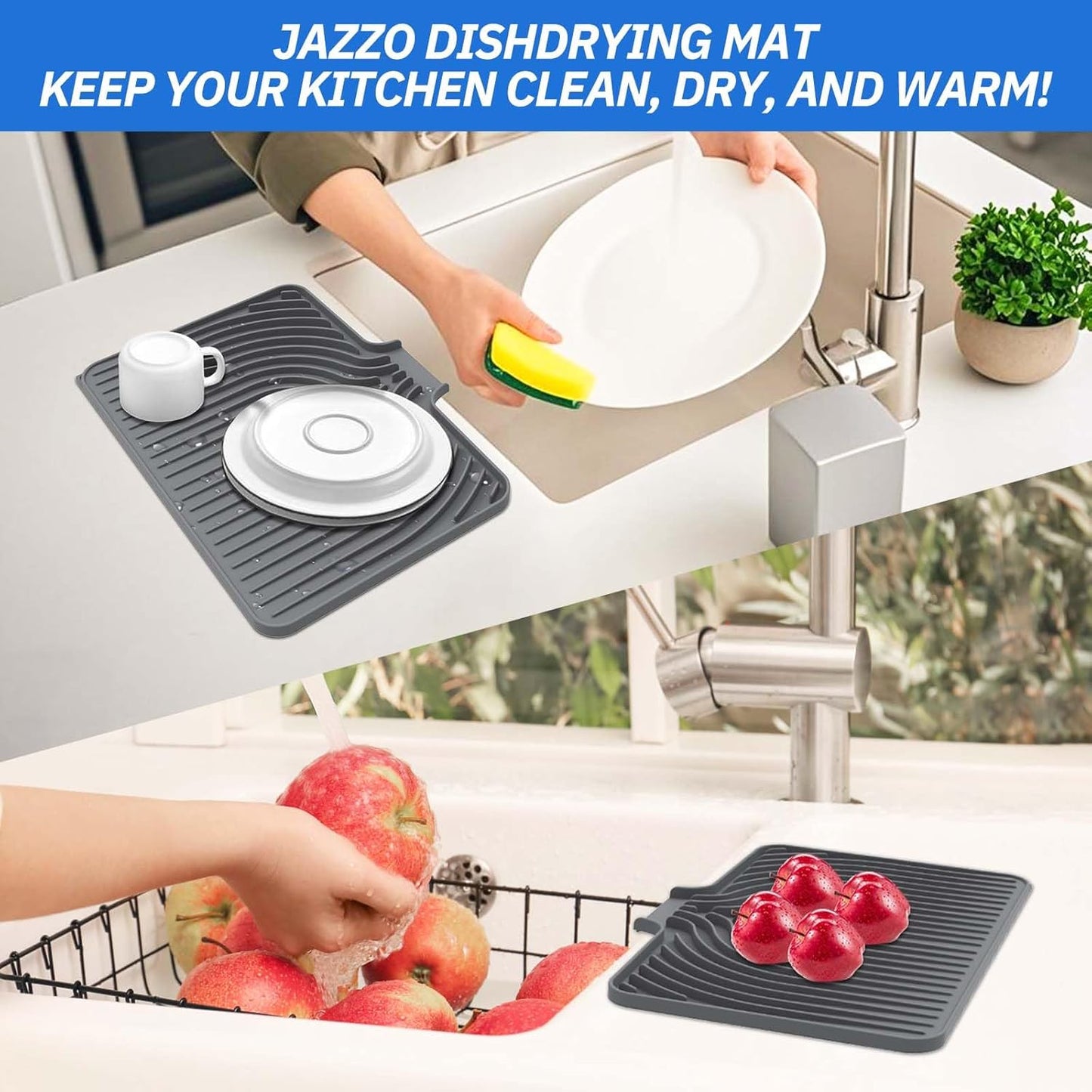 Silicone Dish Drying Mat for Kitchen Counter with Built-in Drain, Easy Clean Pad for Countertop Protection, Fast Self-Draining Slope, Non-Slip, Multiple Use 14.7x10.2 Inch (Grey)