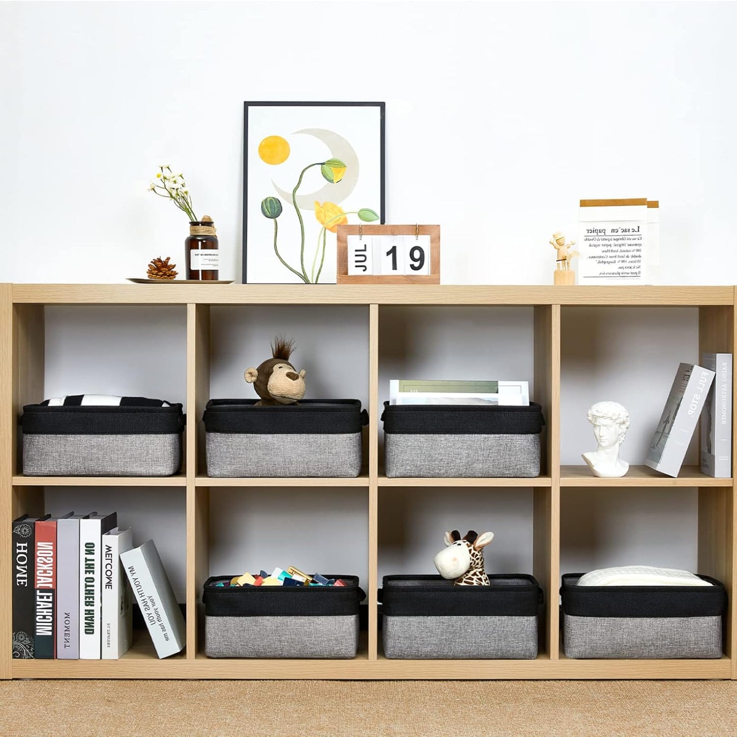 HNZIGE Storage Baskets for Storage Fabric Small Organizer Bins for Shelves,Collapsible Linen Baskets with Cloth Handles for Organizing Closet Nursery Home Shelves,Toy(Black&Gray,11.8" x 7.8" x 5.1")