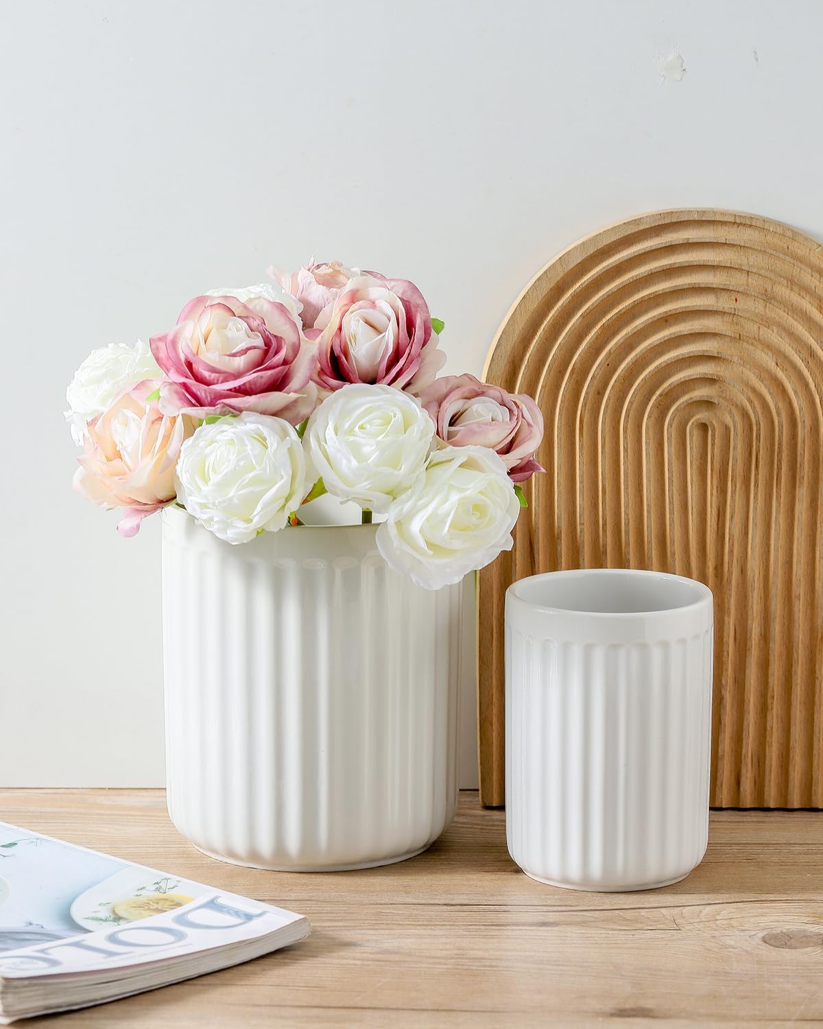 Hasense Utensil Holder Set of 2, 7.3" + 5.7" Farmhouse Utensil Holder for Kitchen Countertop, Stable Ceramic Utensil Crock for Christmas & Housewarming Gift, Spatula Holder for Counter, White