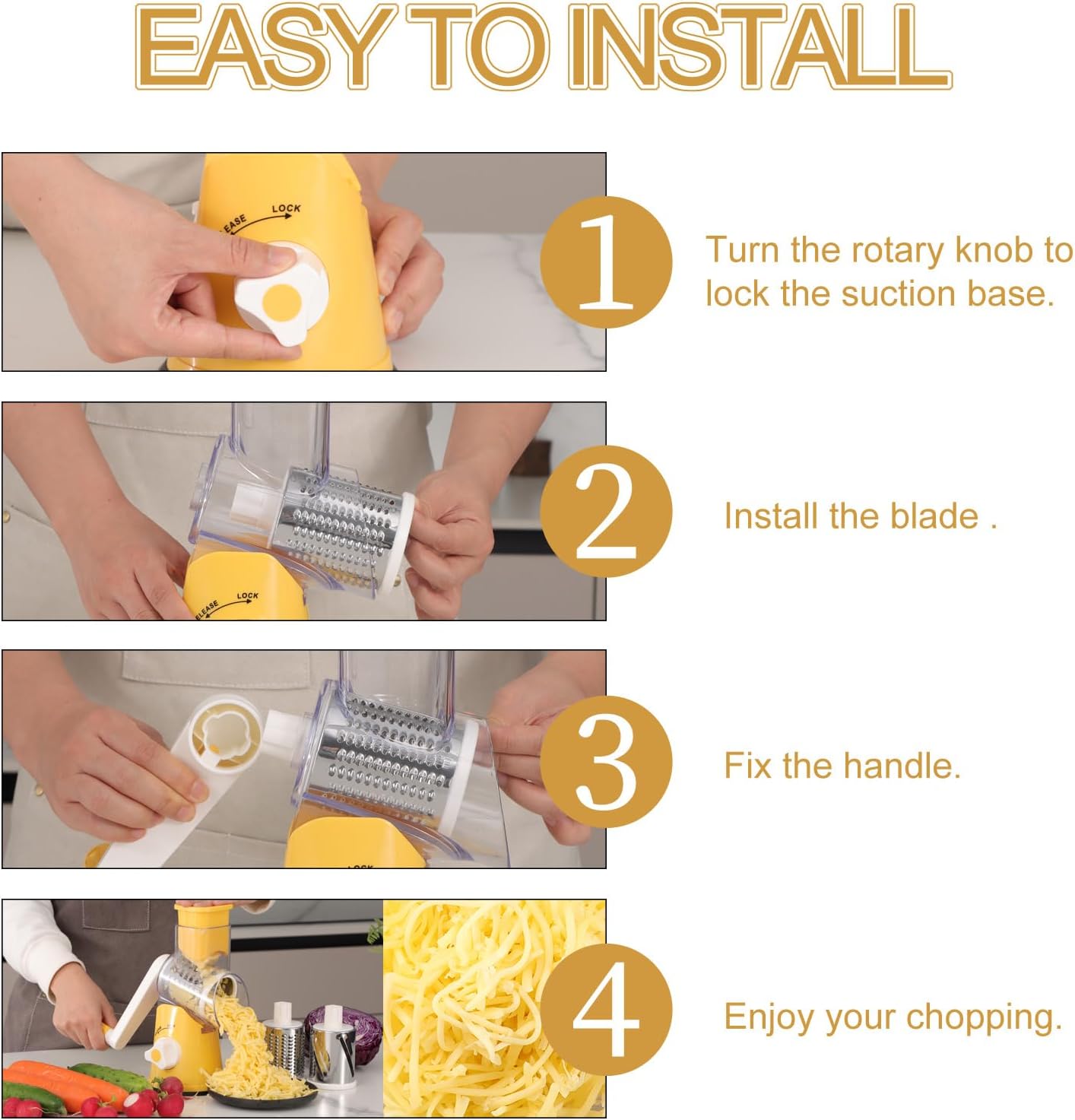 Ourokhome Rotary Cheese Grater Hand Crank, Kitchen Shredder Speed Mandolin Slicer Nut Grinder with Handle and Drum Blades for Cheese, Vegetable, Walnut, Chocolate, Potato, Carrot, 3 Blades, Yellow