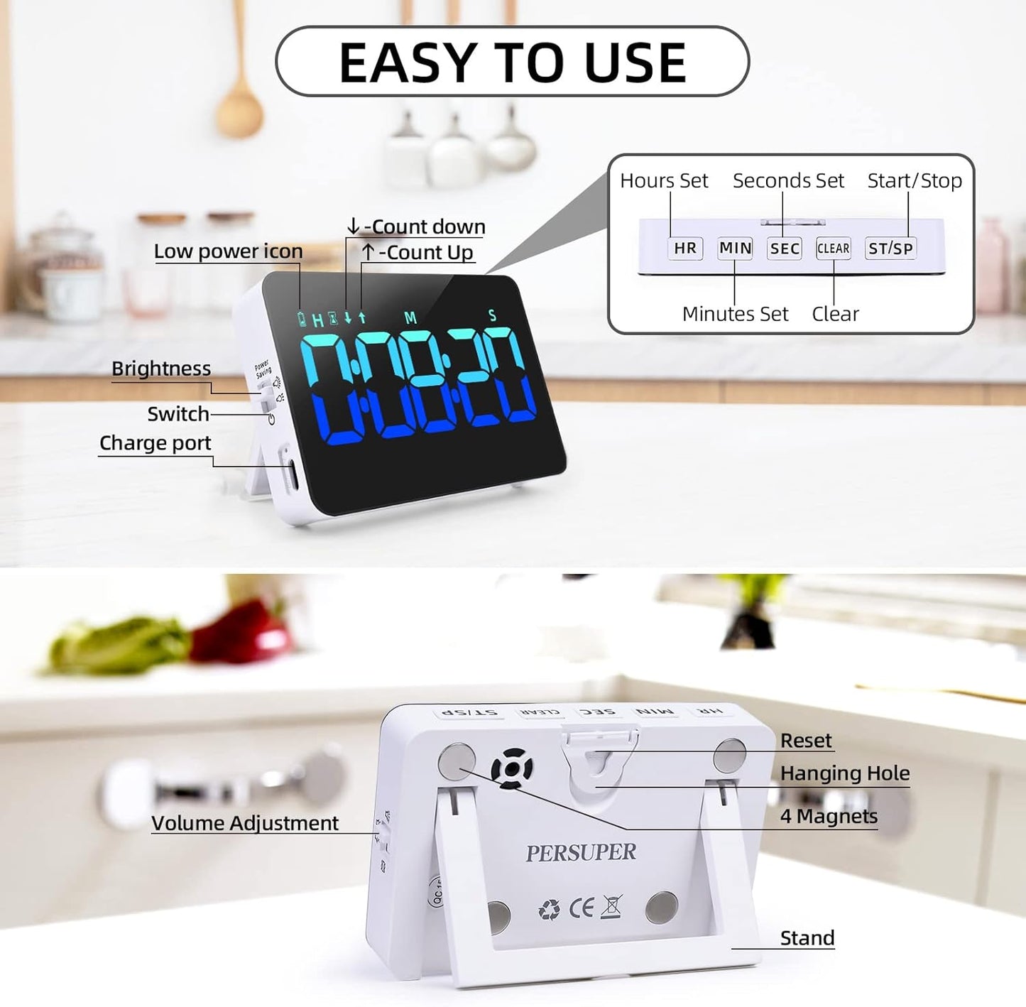 Kitchen Digital Timer, Count Down Up, Rechargeable, Vibration Mode Adjustable Volume and Brightness LED Display, Time Management Cook, Desk, Kids Adults Study Teaching, Kitchen Gadgets