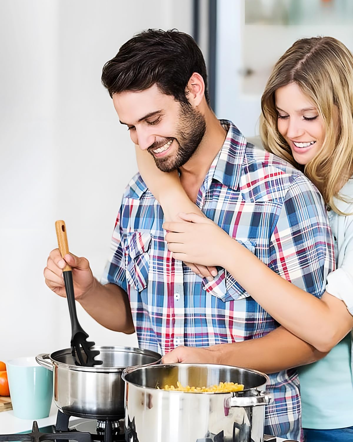 Silicone Pasta Fork, Kitchen Heat Resistant Noodle Spoon Server, BPA Free Spaghetti Strainer,12.8 inch