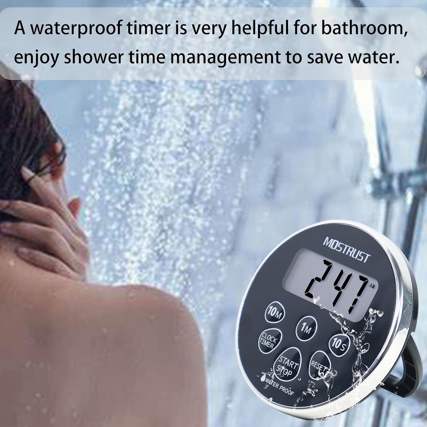Digital Waterproof Shower Timer Clock, Bathroom Countdown Kitchen Cooking Timer with Alarm, Magnetic Back, Stand Silver Black