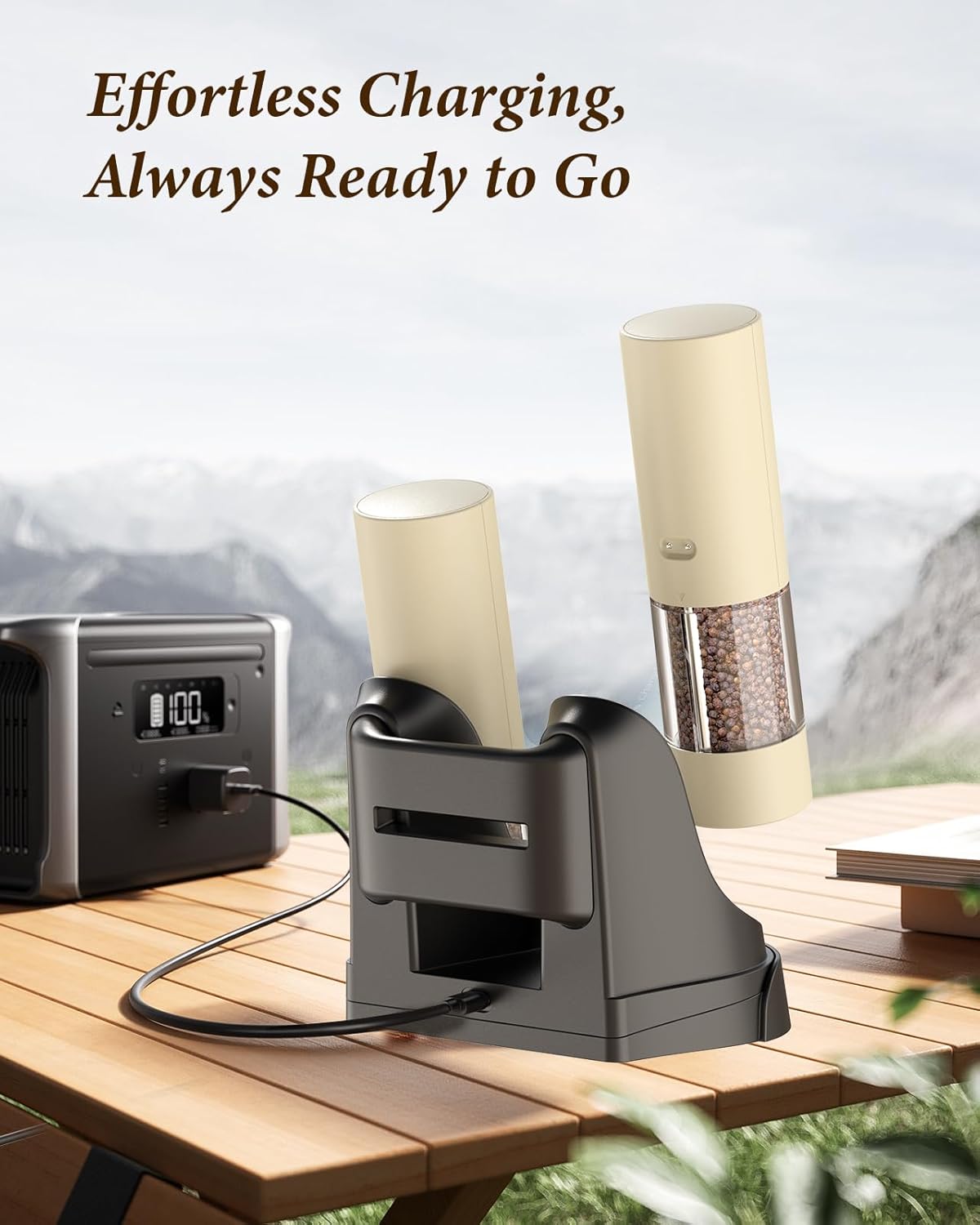 Electric Salt and Pepper Grinder Set - Automatic Refillable Salt and Pepper Grinders with Charging Base & LED Light, 6-Level Adjustable Coarseness with External Dial, Ideal Kitchen Gadget๏ผBeige