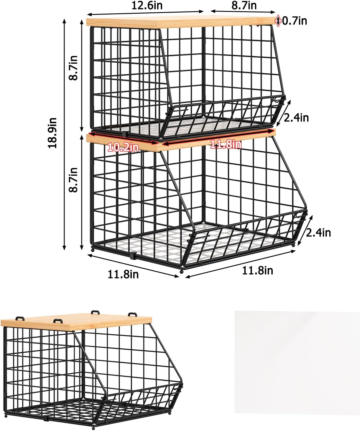 2 Set Stackable Wire Basket with Wooden Tops & Pad for kitchen organizers and storage, XXL Kitchen Counter Organizer for Fruit, Vegetable, Bread, Potato and Onion Storage Bin