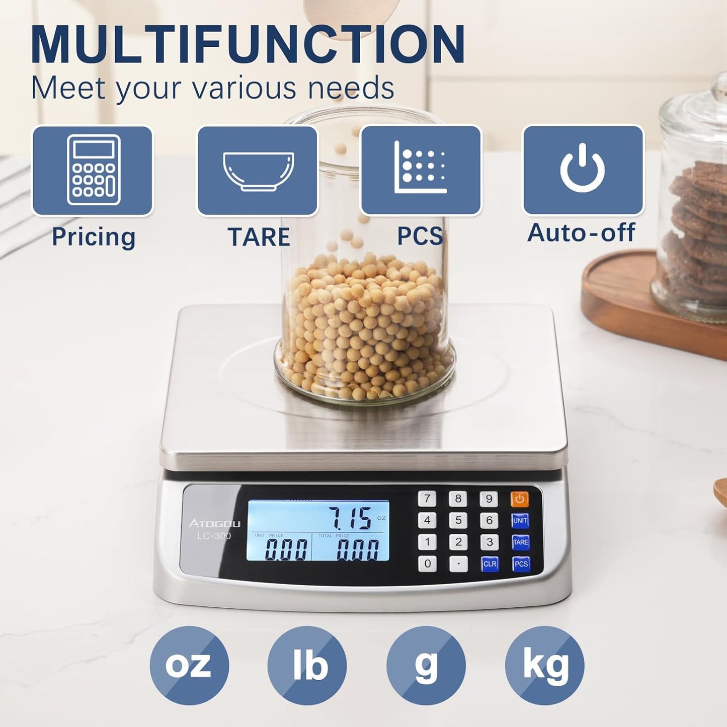 66lb Food Scale, Commercial Kitchen Scale with Price Computing, Plug-in Usable, 0.05oz/1g, 304 Stainless Steel, for Cooking, Vegetables, Farm, Industry, Counting. LC300