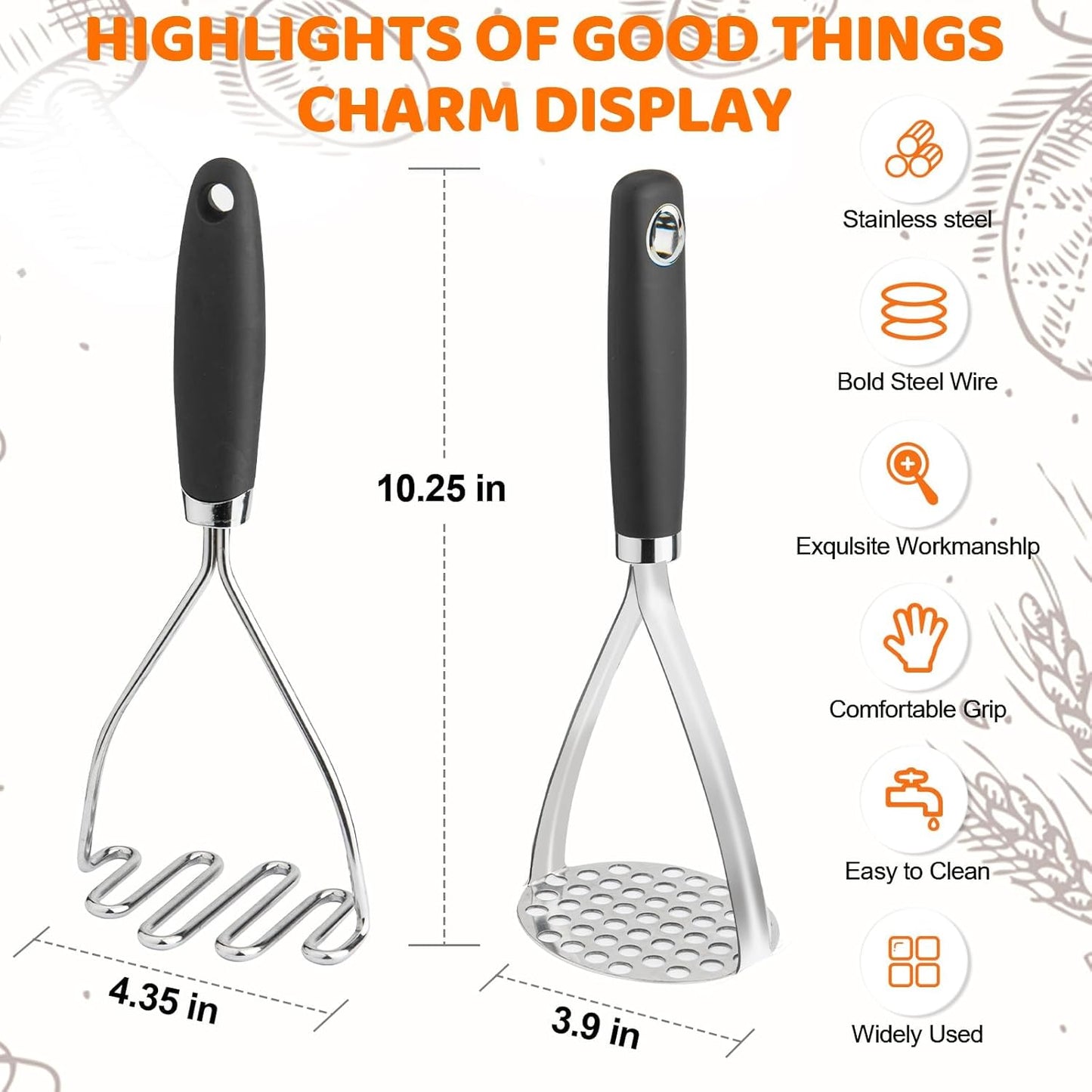 Potato Masher Set of 2 Pieces, 10.25-Inch Stainless Steel Wire Mashed Potato Masher, Kitchen Gourmet Making Tools Professional Integrated Honeycomb, For Vegetable, Fruit, Melon, Potato Etc, Black