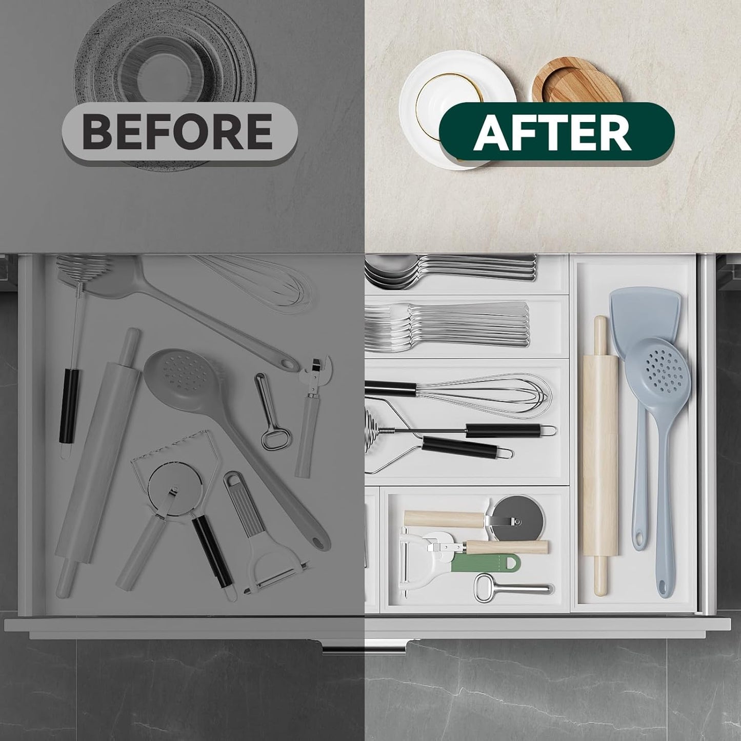 Bamboo Drawer Organizer, Narrow Silverware Organizer for Kitchen, Stackable Utensil Organizer, 2 Pcs Flatware Organizer for Drawer, Wooden Storage Box Tray (White, 12 X 3 X 2 Inch)