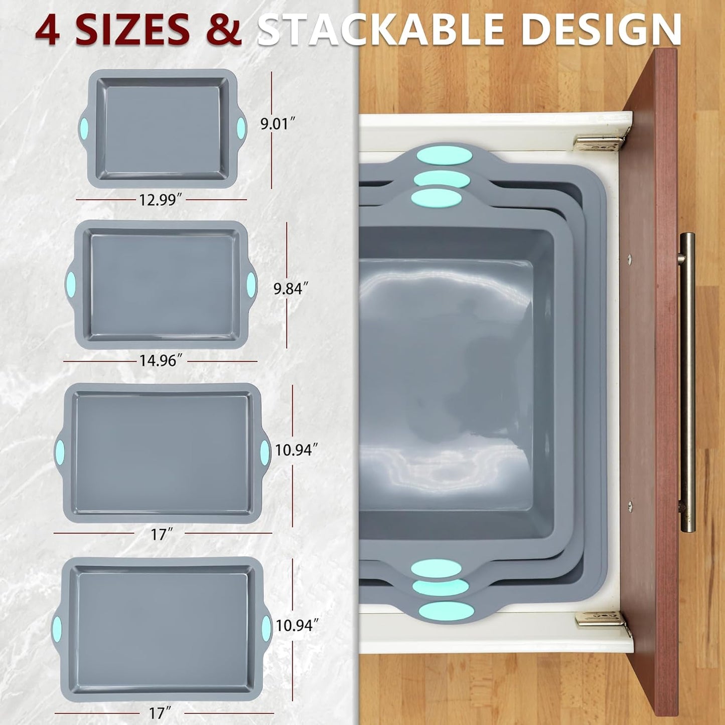 To encounter Silicone Baking Pans Set, 4 Pieces Nonstick Bakeware Set with Baking Pans, Baking Sheets, Cookie Sheets, Cake Pan with Metal Reinforced Frame More Strength, Light Grey