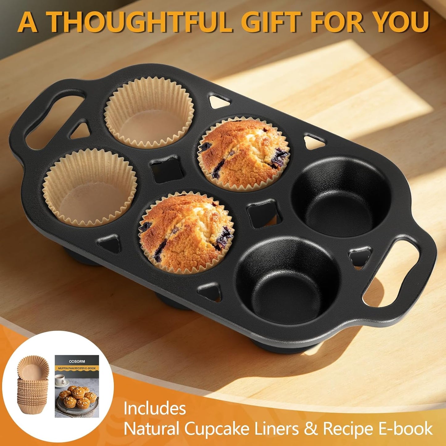 6 Cup Cast Iron Muffin Pan - Pre-Seasoned Nonstick Muffin Tin, Regular Size Cupcake Baking Pan