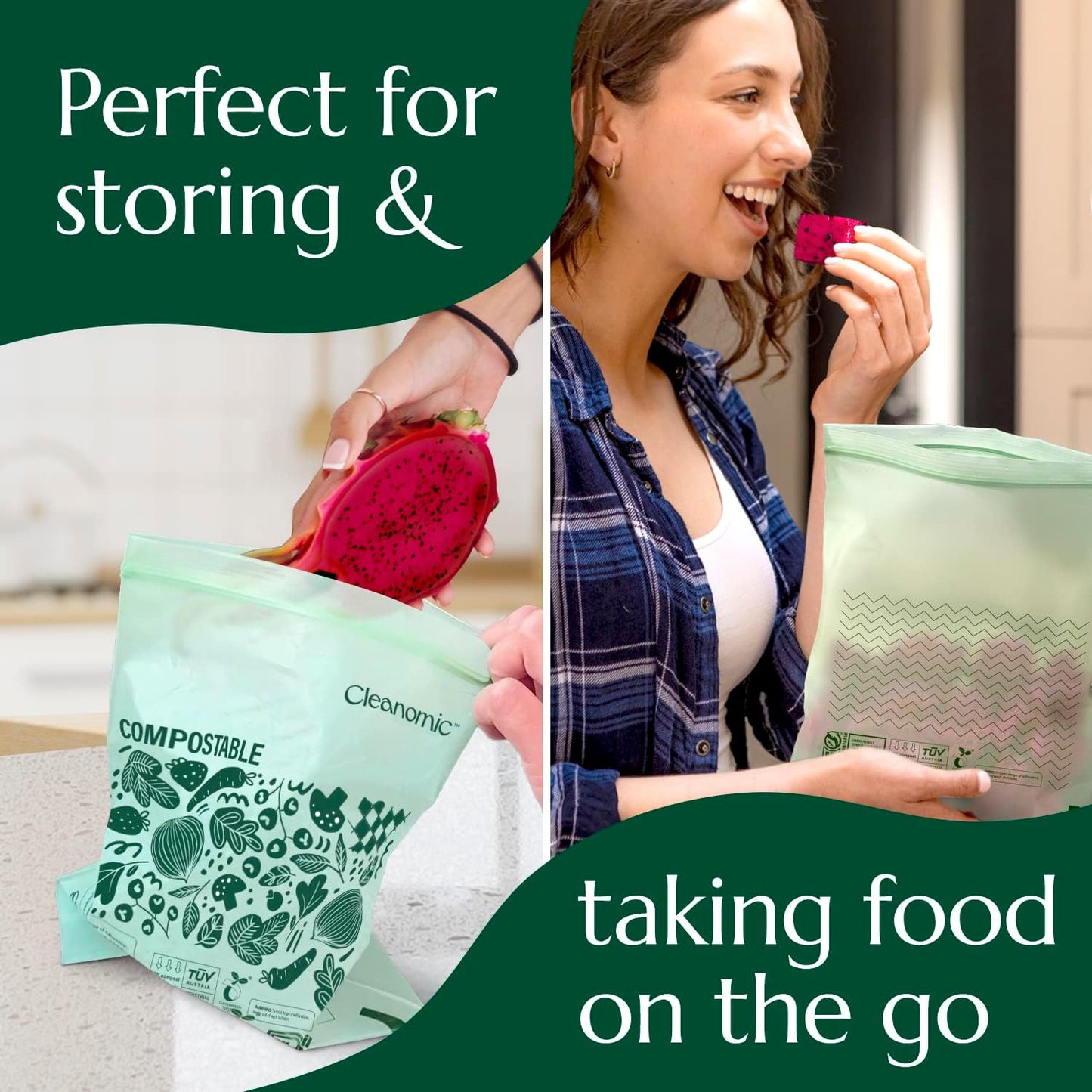 Cleanomic Compostable* Quart Size Food Storage Bags (25 Eco Zip) Freezer and Leak Proof, Also Available Gallon, Snack and Sandwich Size Bags