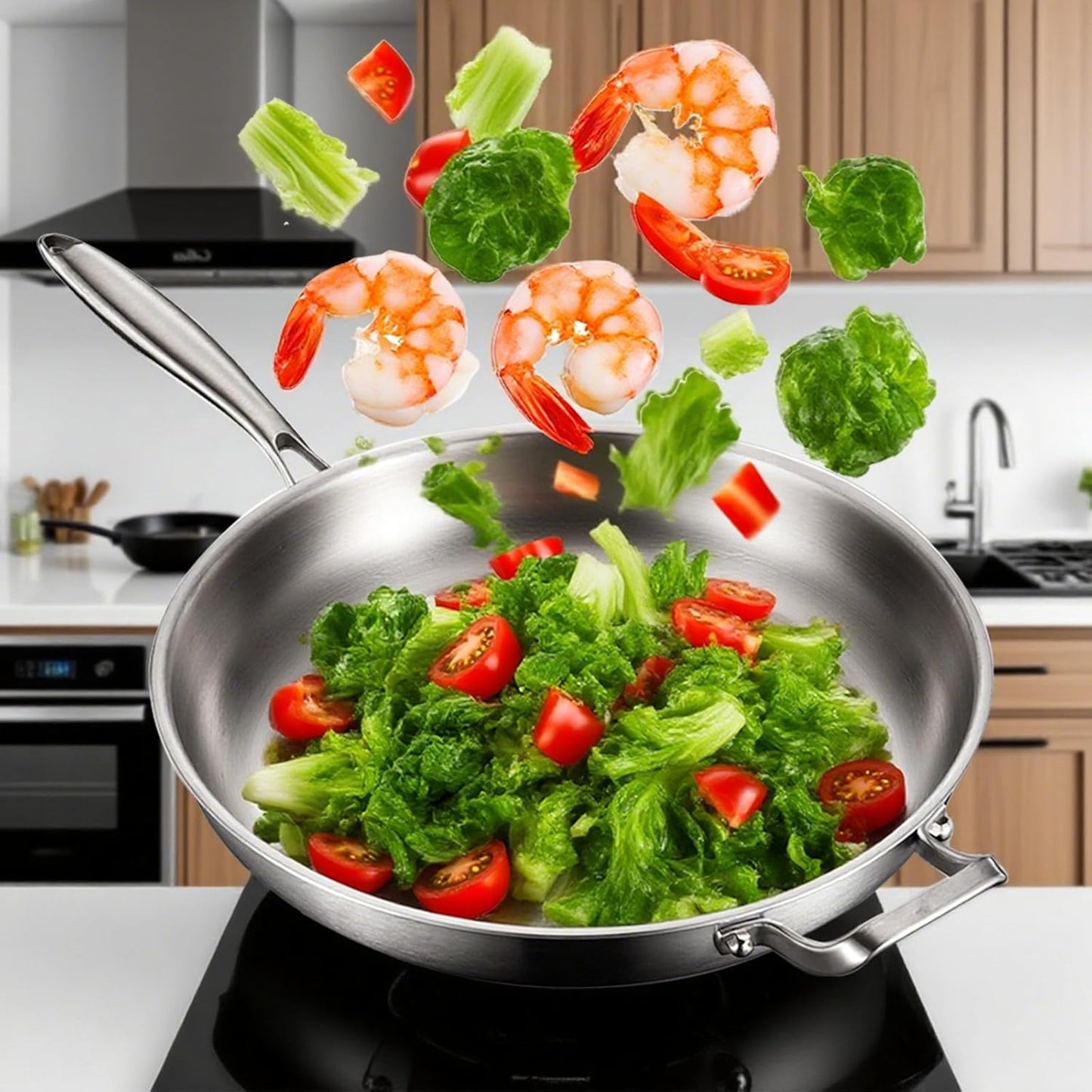 DELARLO Stainless Steel Pan, 14.2 Inch Frying Pan, Tri-Ply Skillet with Lid, Oven Safe Up to 600℉,Stainless Steel Cookware, Fast Even Heat, Large Cooking Surface,Non Toxic Skillet