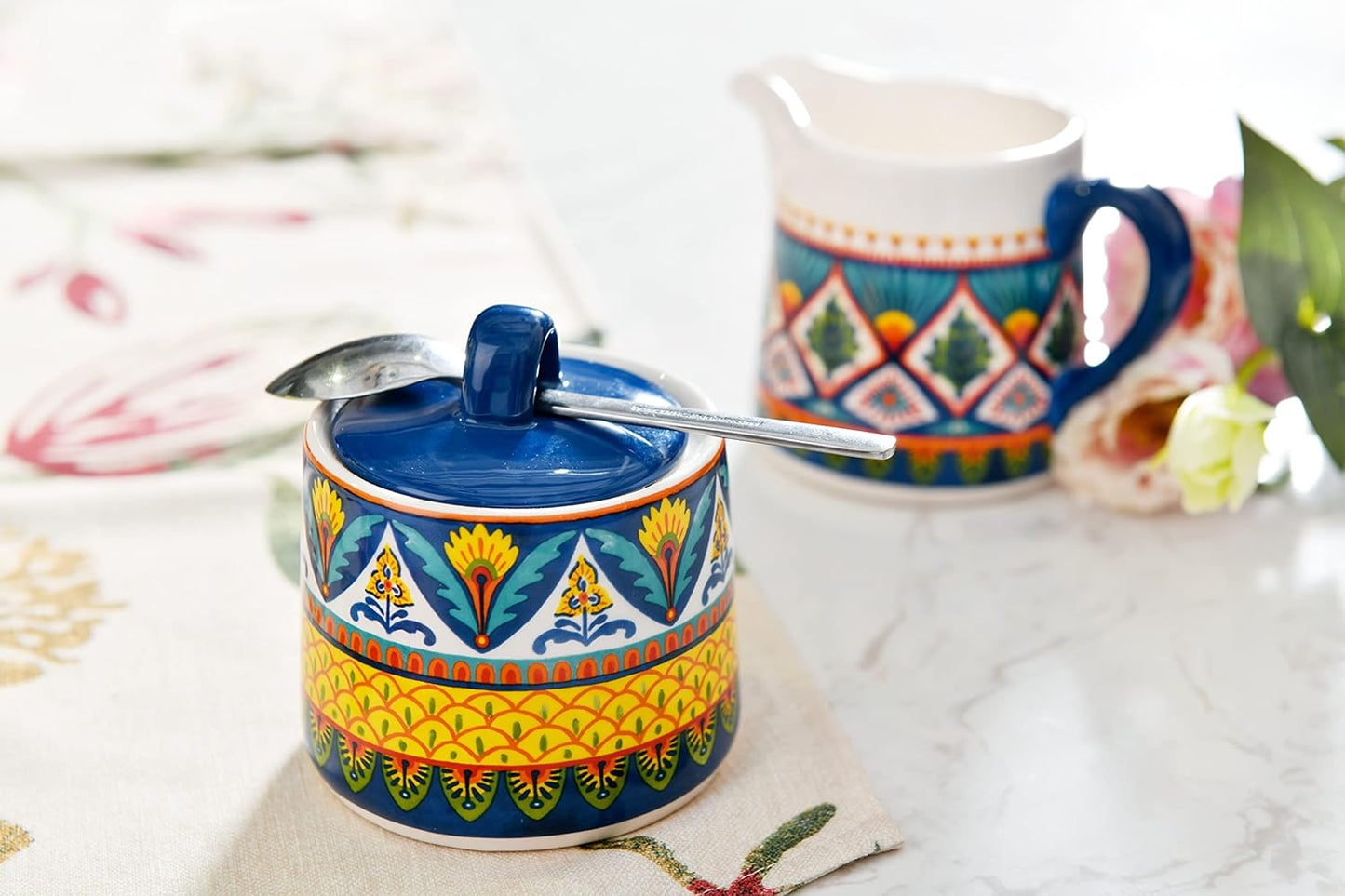 Bico Havana Ceramic Sugar and Creamer Set, Sugar Bowl with Lid, Cute Container for Coffee Bar, Kitchen Countertop Accessories, Microwave and Dishwasher Safe