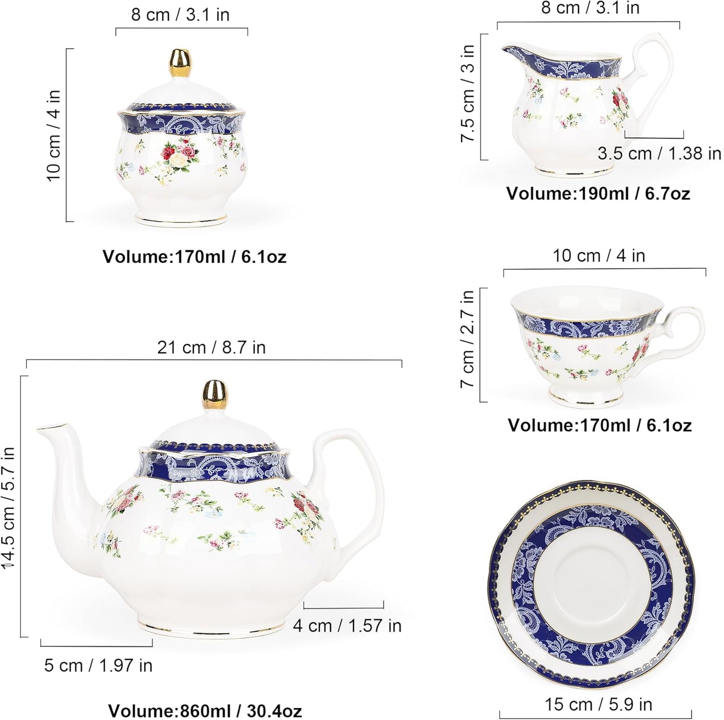 fanquare Bone China Tea Sets for Adults, 21-Piece Blue Lace and Roses Porcelain Tea Service with Sugar Bowl & Creamer, English Cremic Floral Teacups Set of 6 for Women Tea Party