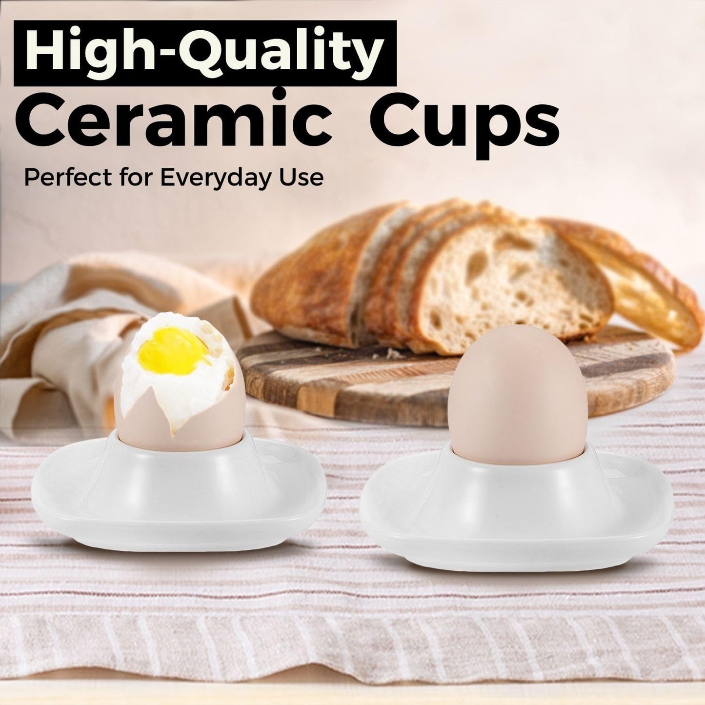 Flexzion Soft Boiled Egg Holder Set - Egg Cups for Soft Boiled Eggs British - Set of 6 Ceramic Egg Holder - Stackable Egg Coddler Cups with Base for Serving, Breakfast, Brunch, White