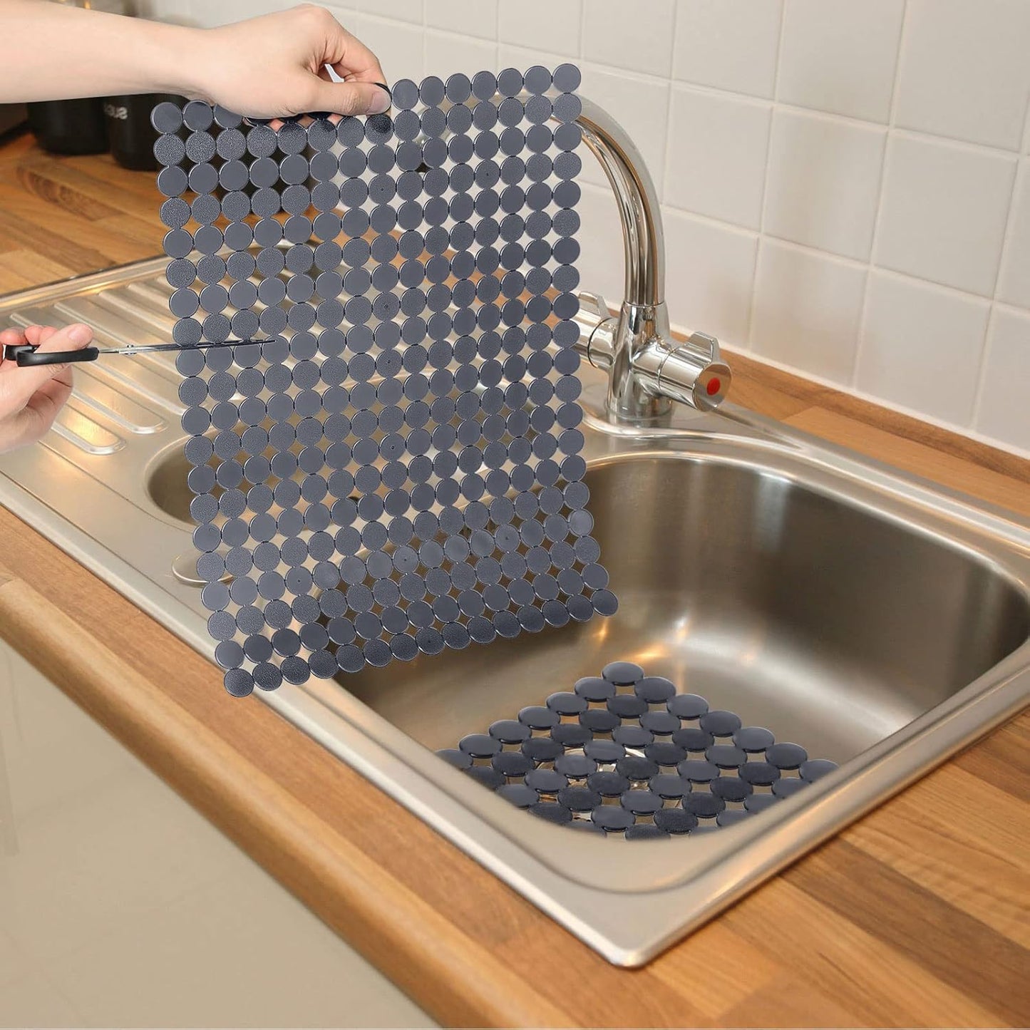 Qulable 2Pack Kitchen Sink Mat for Stainless Steel/Ceramic Sinks, PVC Eco-friendly Protectors for Bottom of Kitchen Sink, Adjustable, Fast Draining, Dots Design, 11.8x15.7 (Solid Gray)