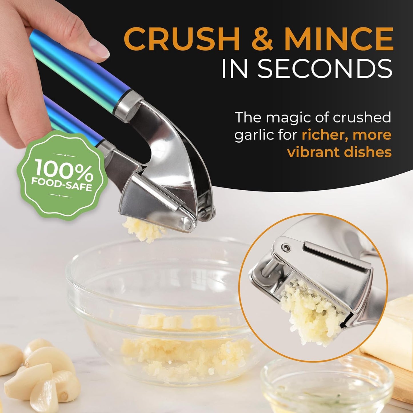 ORBLUE Garlic Press Stainless Steel - Premium Professional Grade Garlic Mincer, Crusher & Peeler Set - Easy Clean, Dishwasher Safe & Rust-proof, Multi-colored