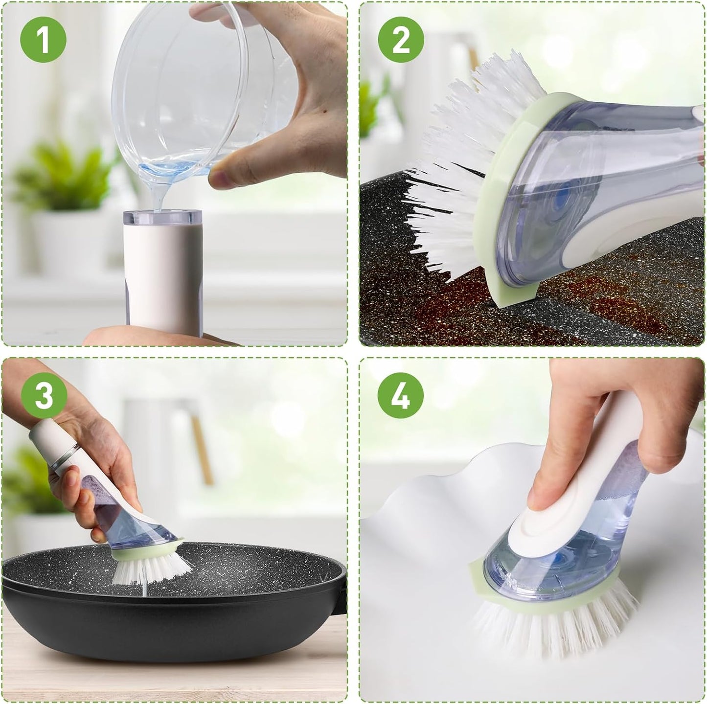 Soap Dispensing Dish Brush, 2 Dish Wand & 4 Brush Refills, Dish Scrub Brush with Soap Dispenser, Dish Soap Brush for Dishes, Pans, Sink, Pots