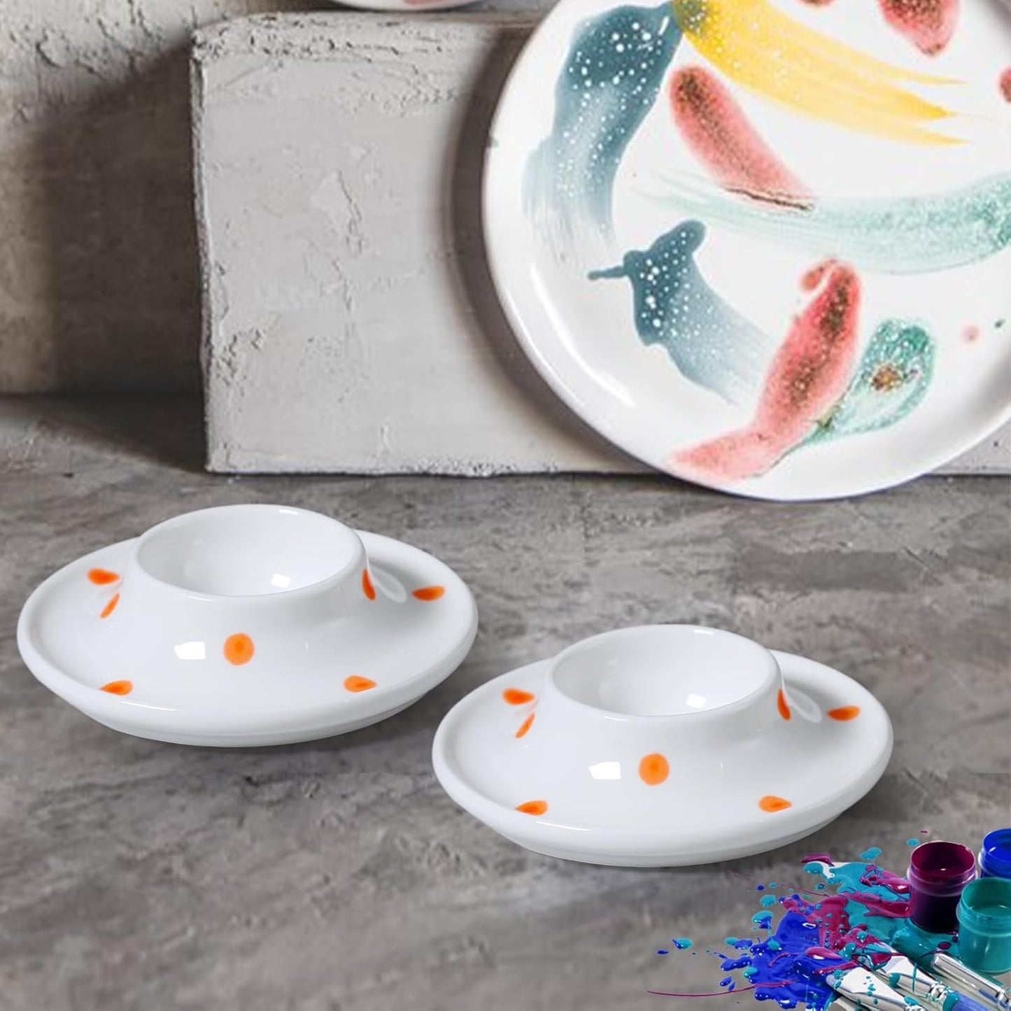 Cinf Ceramic White Egg Holder Set of 2 Porcelain Holder Breakfast Boiled Cooking Easy to Clean Childhood Memories Kitchen(Orange Dot)