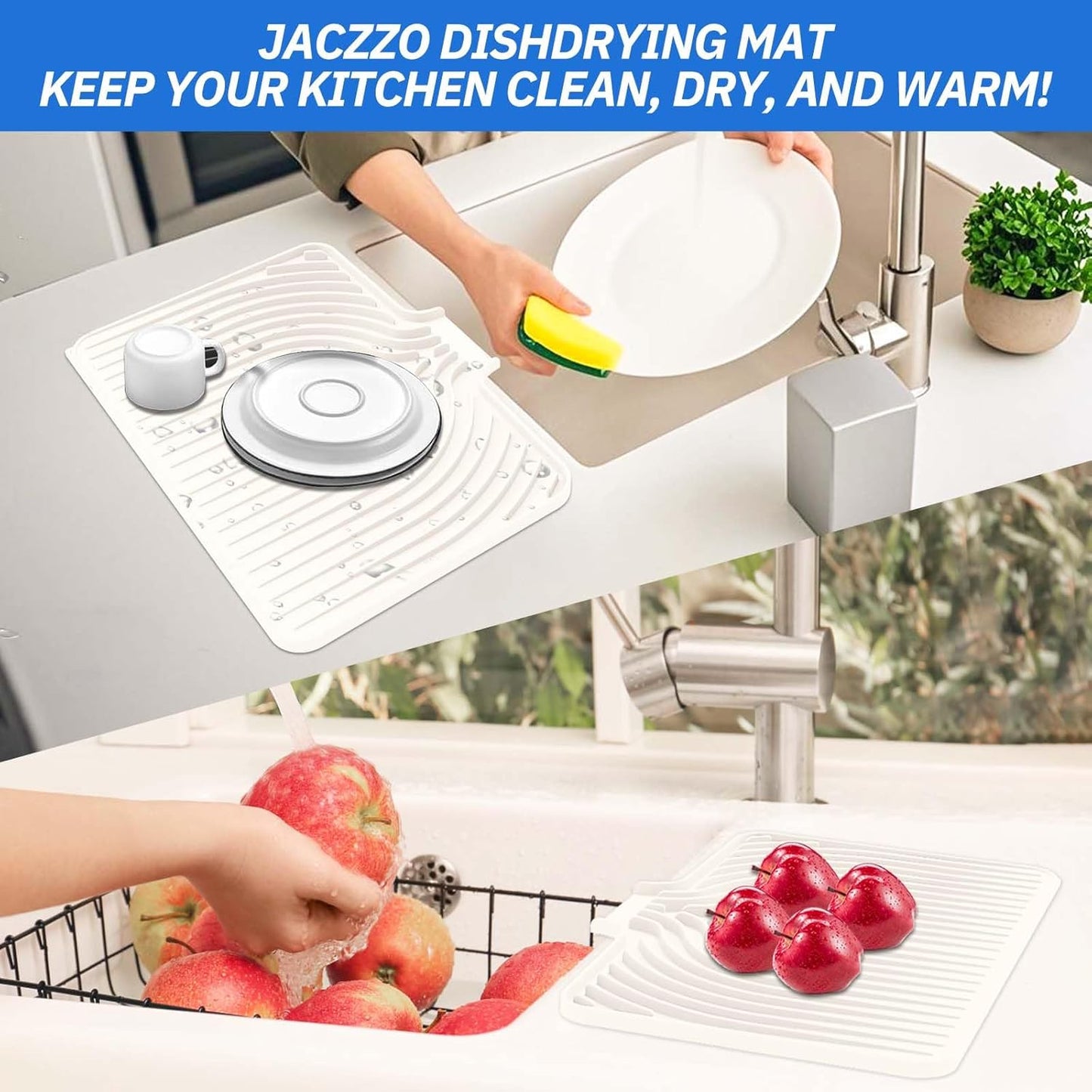 Silicone Dish Drying Mat for Kitchen Counter with Built-in Drain, Easy Clean Pad for Countertop Protection, Fast Self-Draining Slope, Non-Slip, Multiple Use 17.7 x 11.8 Inch ( Cassava White)