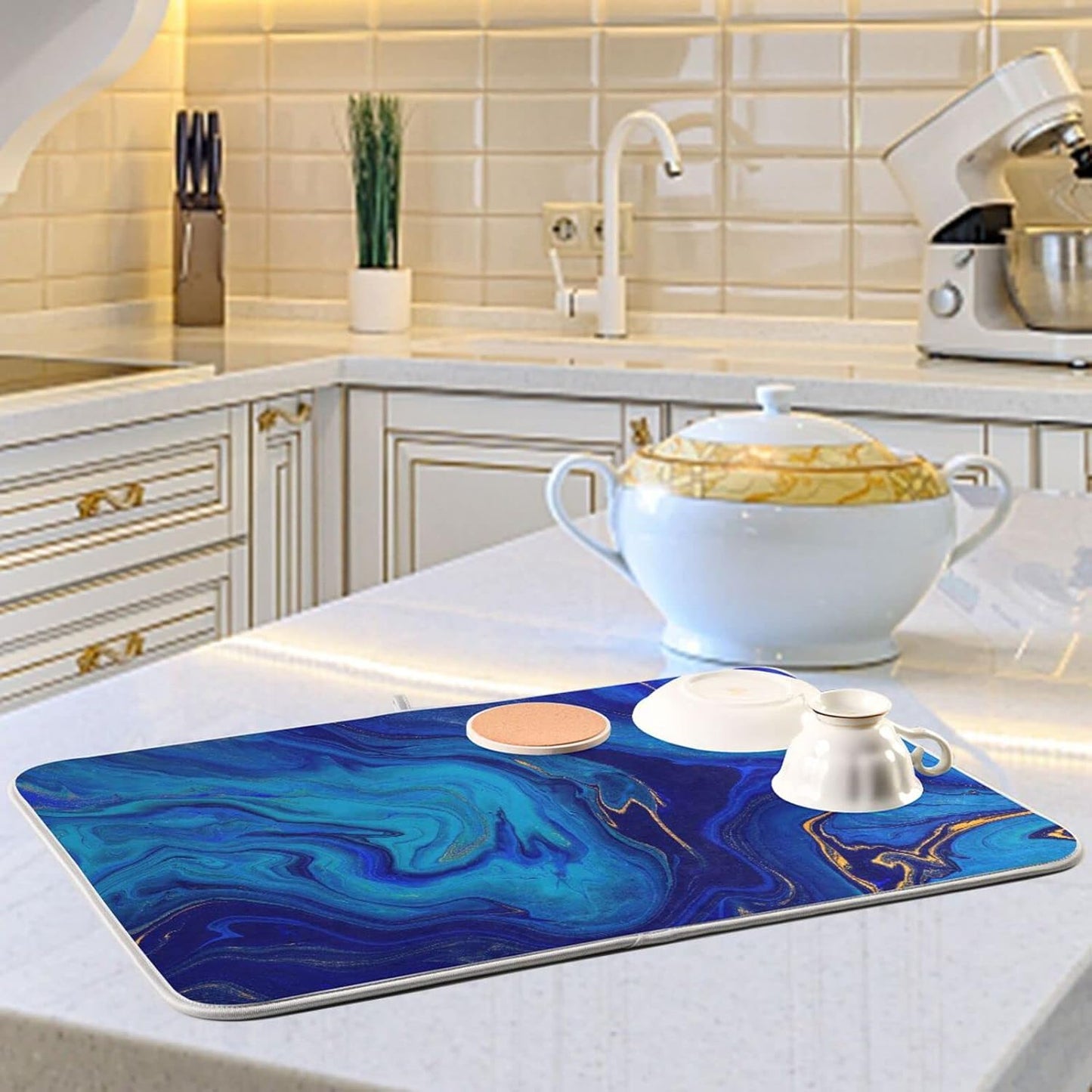 Super Absorbent Dish Drying Mat, Microfiber Fast-Drying Dish Mat, 16" x 18", Kitchen Dish Drying Pad, Navy Blue Gold Marble
