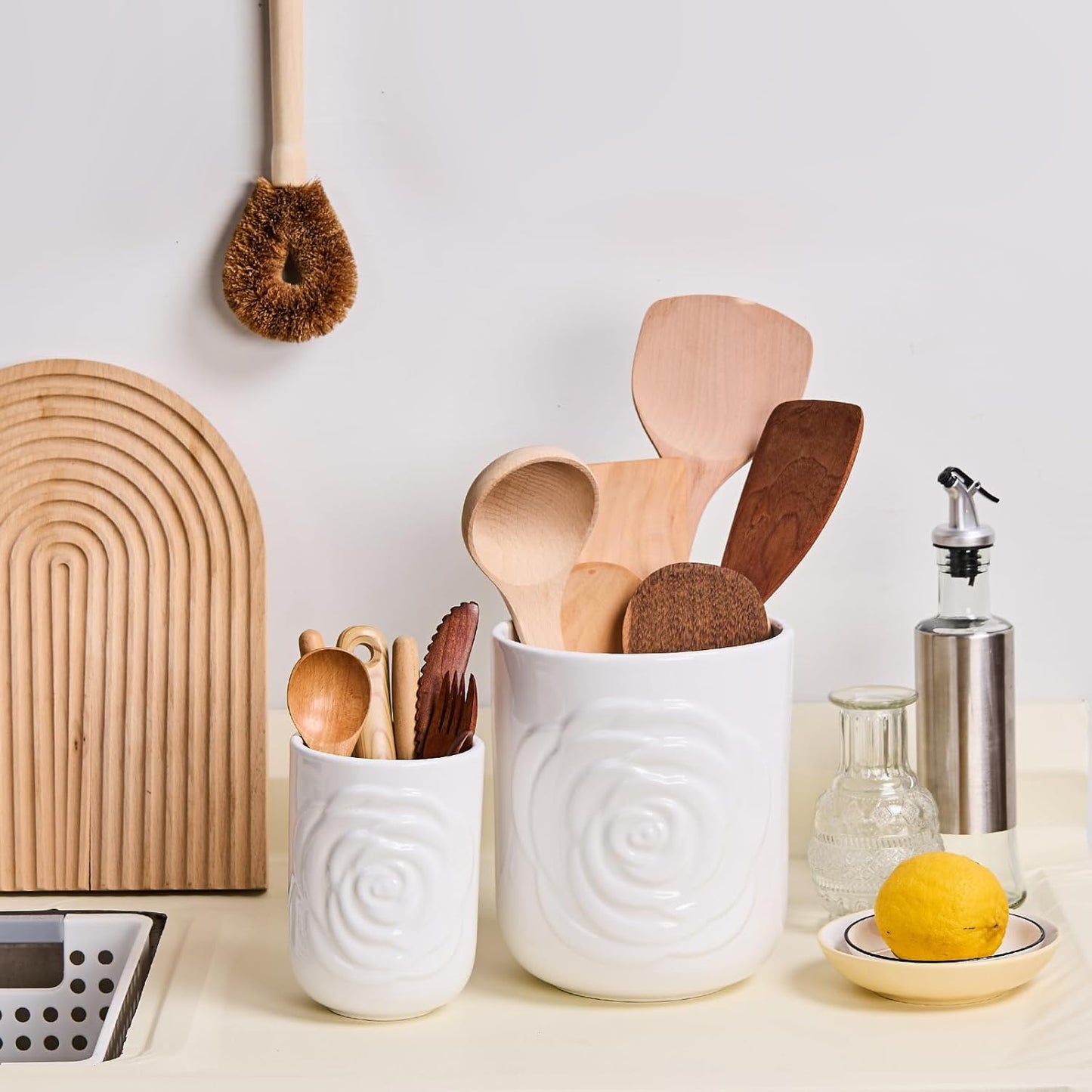 White Ceramic Utensil Holder Set of 2 - Rose Carved Design, Kitchen Countertop Utensil Organizer for Spatula, Spoon & Cooking Tools, Large (7.5") & Small (5.5"), Farmhouse Kitchen Counter Decor