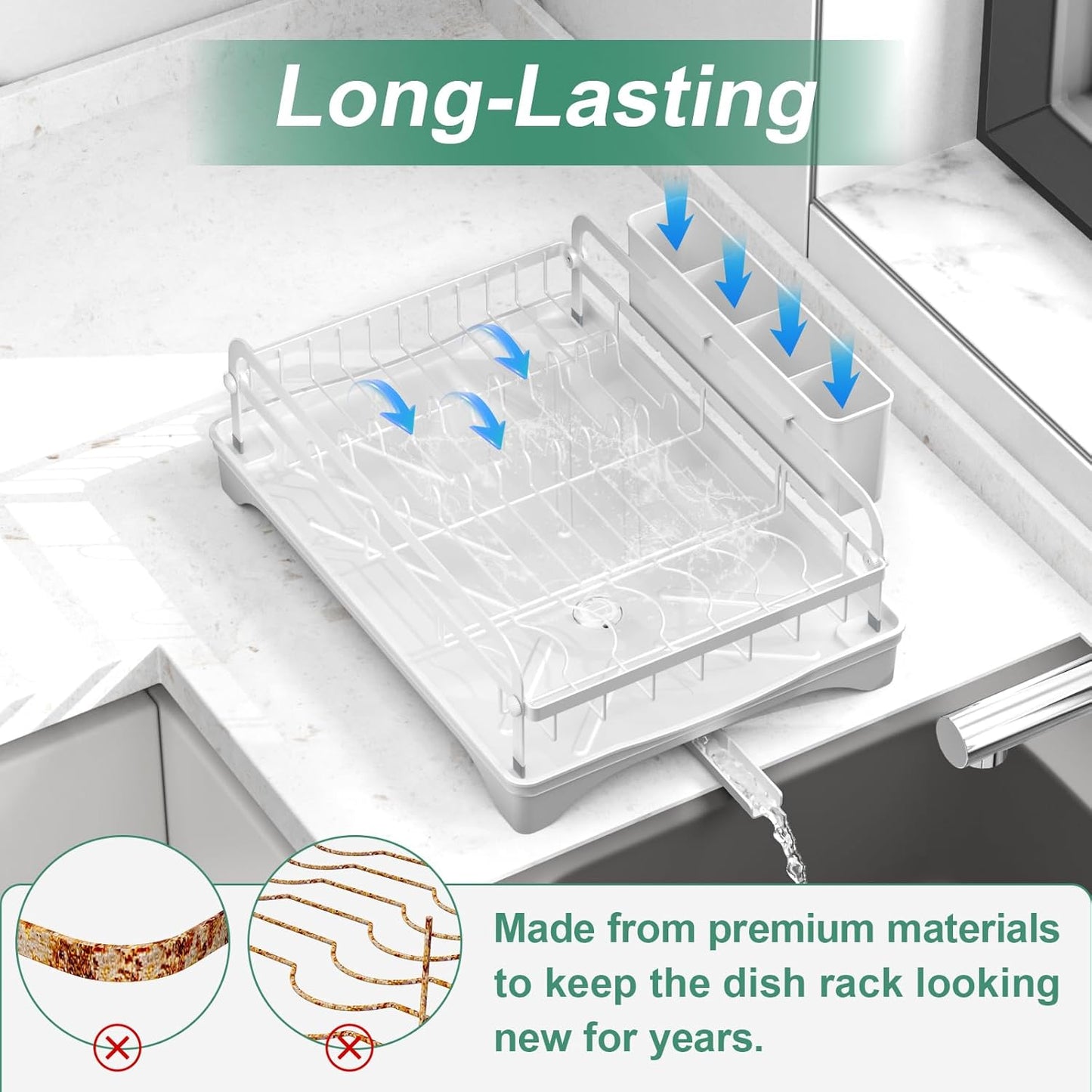 Dish Drying Rack,Dish Racks for Kitchen Counter, Metal Dish Drainer with Adjustable Drainage Spout, Removable Knife and Fork Holder (White)