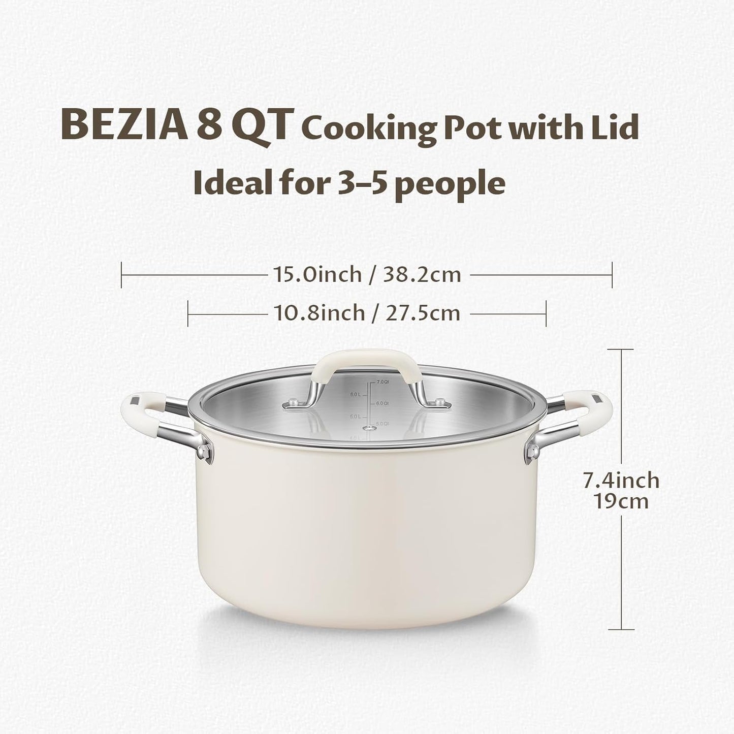 8 Quart Pot with Lid, BEZIA Tri-Ply Stainless Steel Stock Pots, Large Cooking Pots with Silicone Handle, Soup Pot for Induction Cooktop, Compatible with All Cooktops, Dishwasher Safe