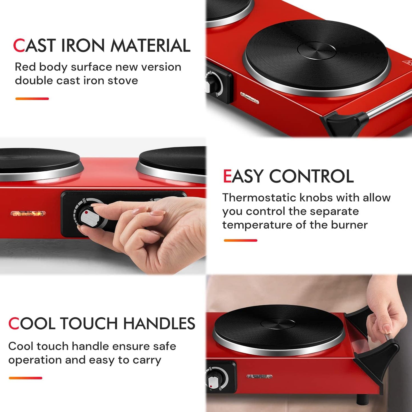 Hot Plate, Techwood 1800W Portable Electric Stove for Cooking Countertop Dual Burner with Adjustable Temperature & Stay Cool Handles, 7.5” Cooktop for Home/RV/Camp, Compatible for All Cookware, Red