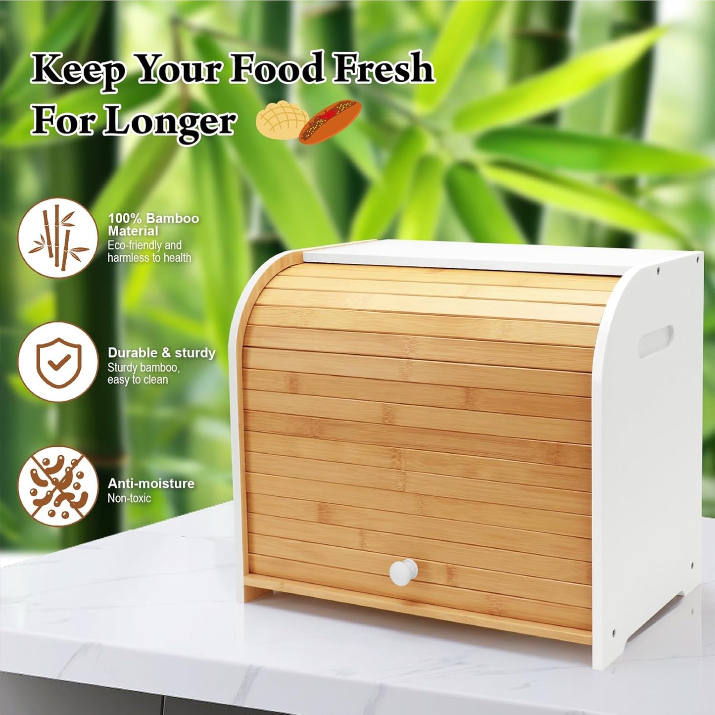 Bread Box for Kitchen Countertop, Double Layer Bamboo Bread Storage Container for Homemade Bread, Roll Top Bread Box with 3 Adjustable Height for Kitchen Counter, White Breadbox Organizer