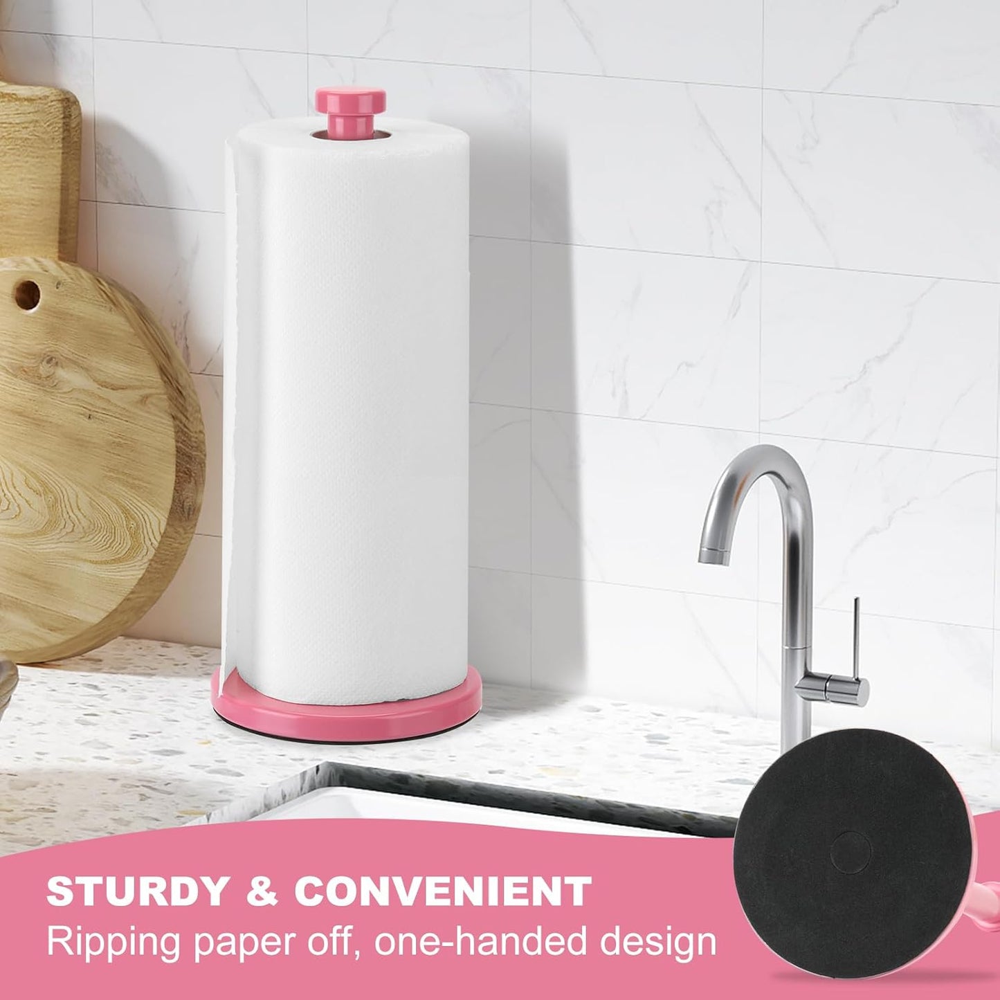 Stainless Steel Paper Towel Holder, Pink, Countertop for Kitchen & Bathroom, Standing with Weighted Base for Standard or Rolls, Brushed Brass