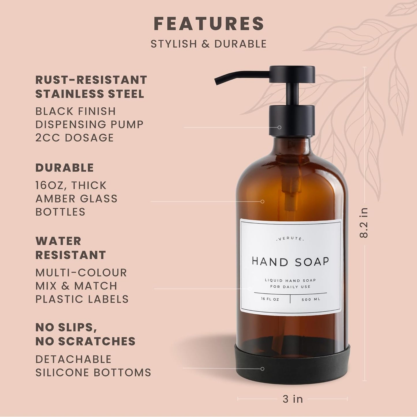 16oz Glass Soap Dispenser with Stainless Steel Pump, 21 Waterproof Labels, Non-Slip Protective Silicone Pad, Set of 2 for Bathroom & Kitchen (Amber Bottle/Black Pump)