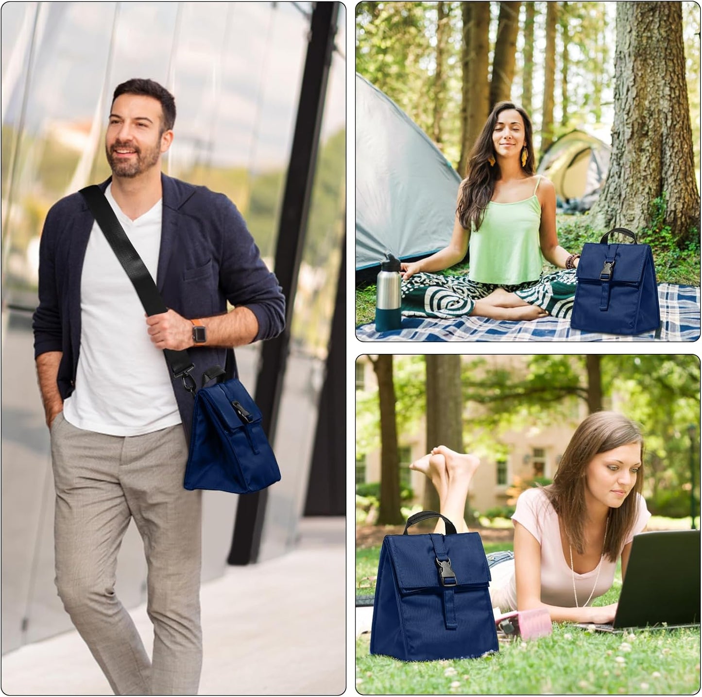 Insulated Foldable Lunch Bag- Lightweight Portable with Adjustable Shoulder Strap Lunch Box for Men, Women, Office, Work, Picnic, Hiking and Beach (Navy Blue(Soft Fabric))