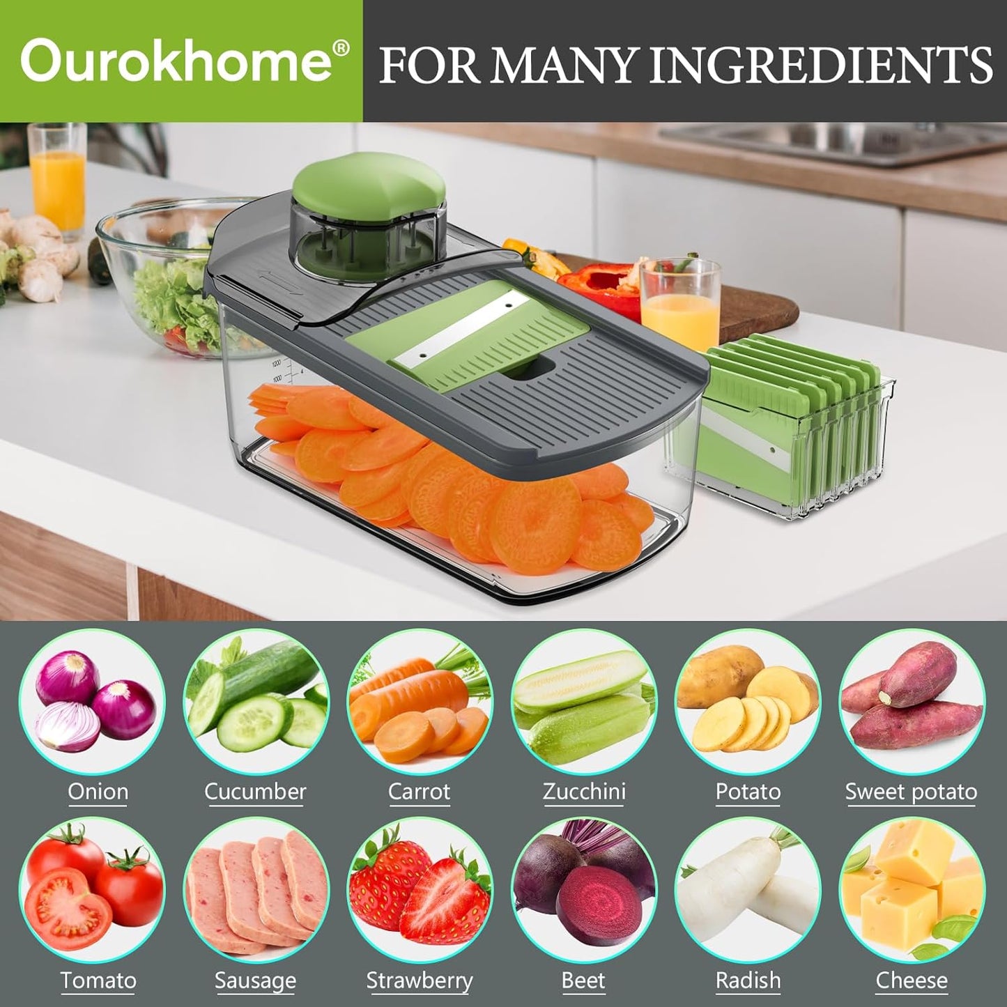 Ourokhome Mandolin Slicer for Kitchen Food, Hand Safe Vegetable Shredder with 6 Mandoline Blades, Veggie Waffle Cutter for Potato, Carrot, Zucchini, Onion, Essential Kitchen Gadgets (6 in 1, Gray)