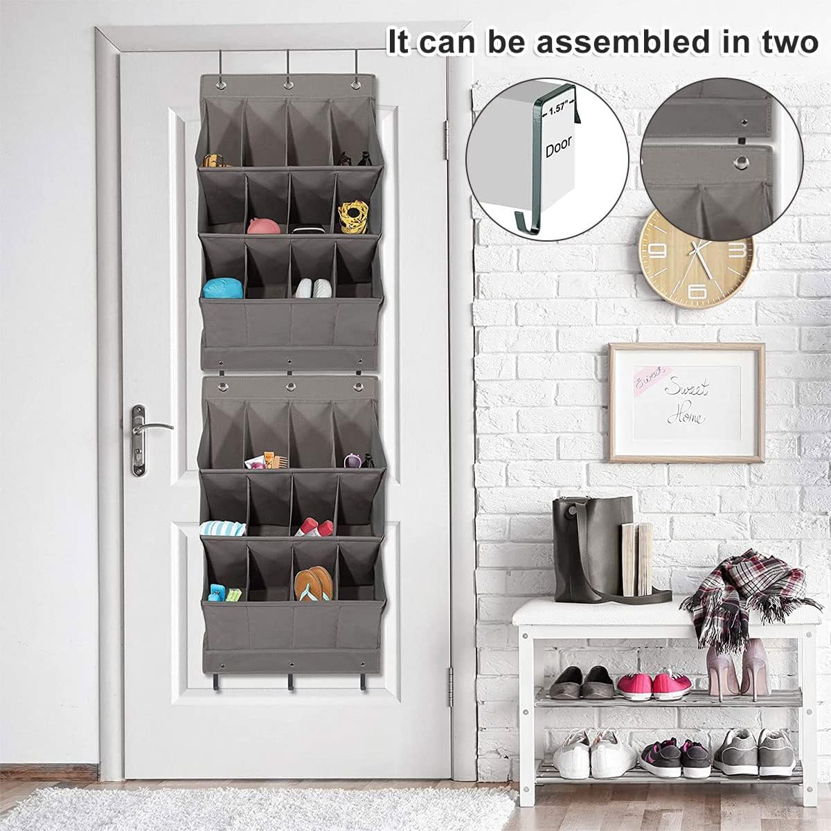 Over the Door Shoe Organizer, 14 Pockets Hanging Shoe Storage Rack with Large Deep Pockets, Oxford 600D Fabric Grey Shoe Storage Rack with 6 hook for Shoes, Slipper,Home Accessories etc