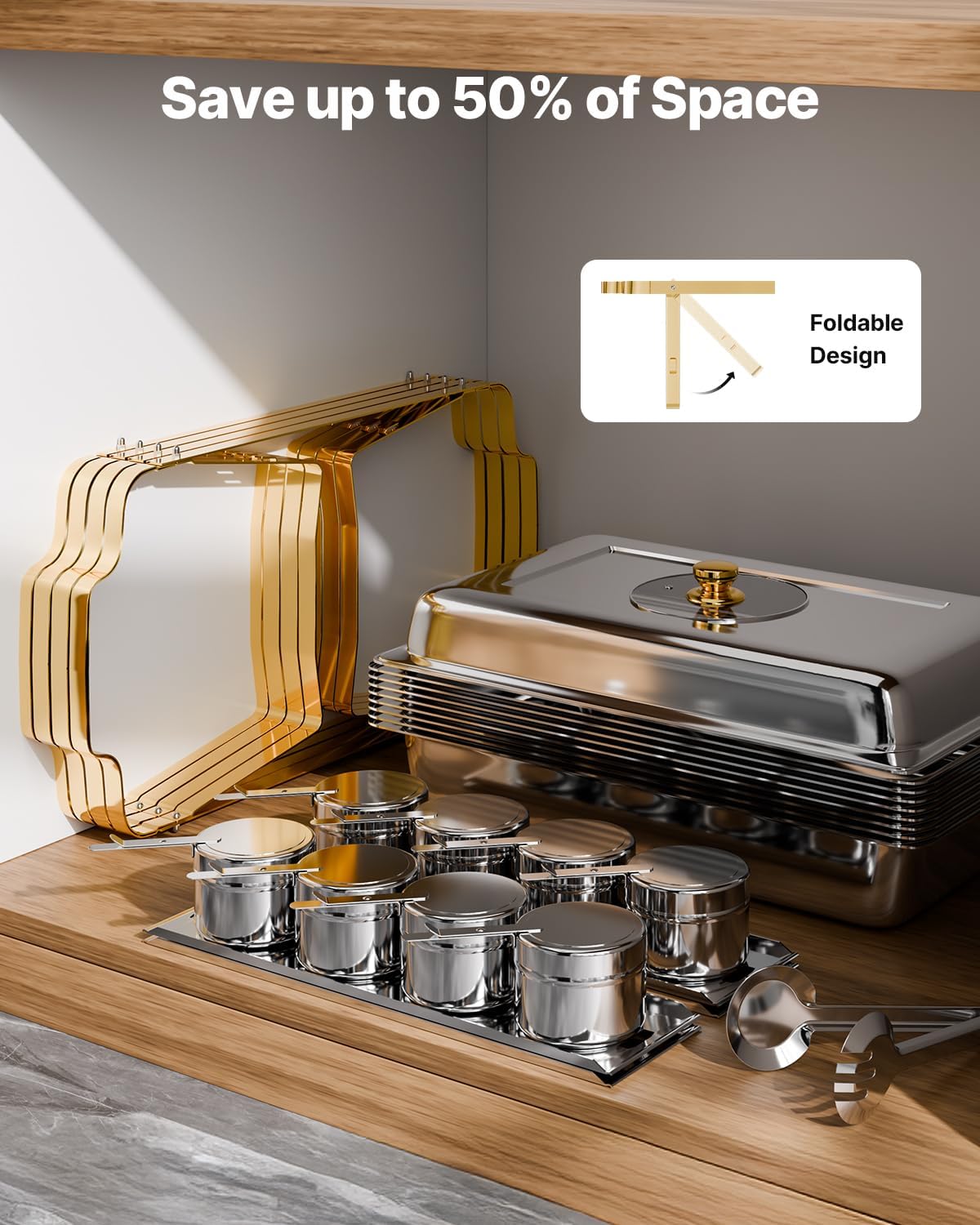 VEVOR Chafing Dish Buffet Set, 8 Qt 4 Pack, Stainless Steel Chafer with 4 Full Size Pans, Rectangle Catering Warmer Server with Glass Lid Water Pan Folding Stand Fuel Holder, for Wedding Party Banquet