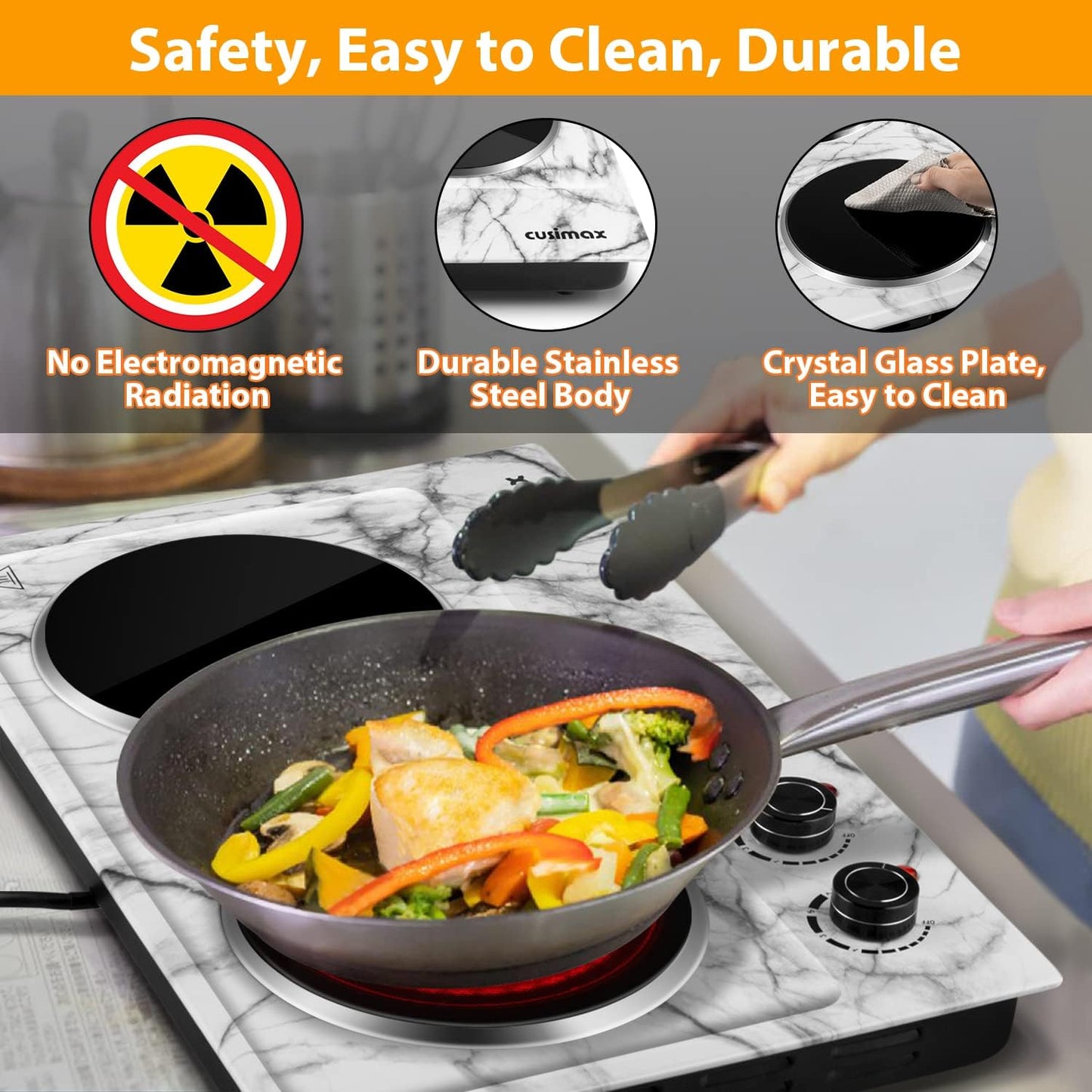 CUSIMAX Hot Plate, 1800W Double Burner Electric Hot Plate for Cooking, Dual Control Portable Infrared Stove Countertop Cooktop, Heat-up in Seconds, Stainless Steel White Marble