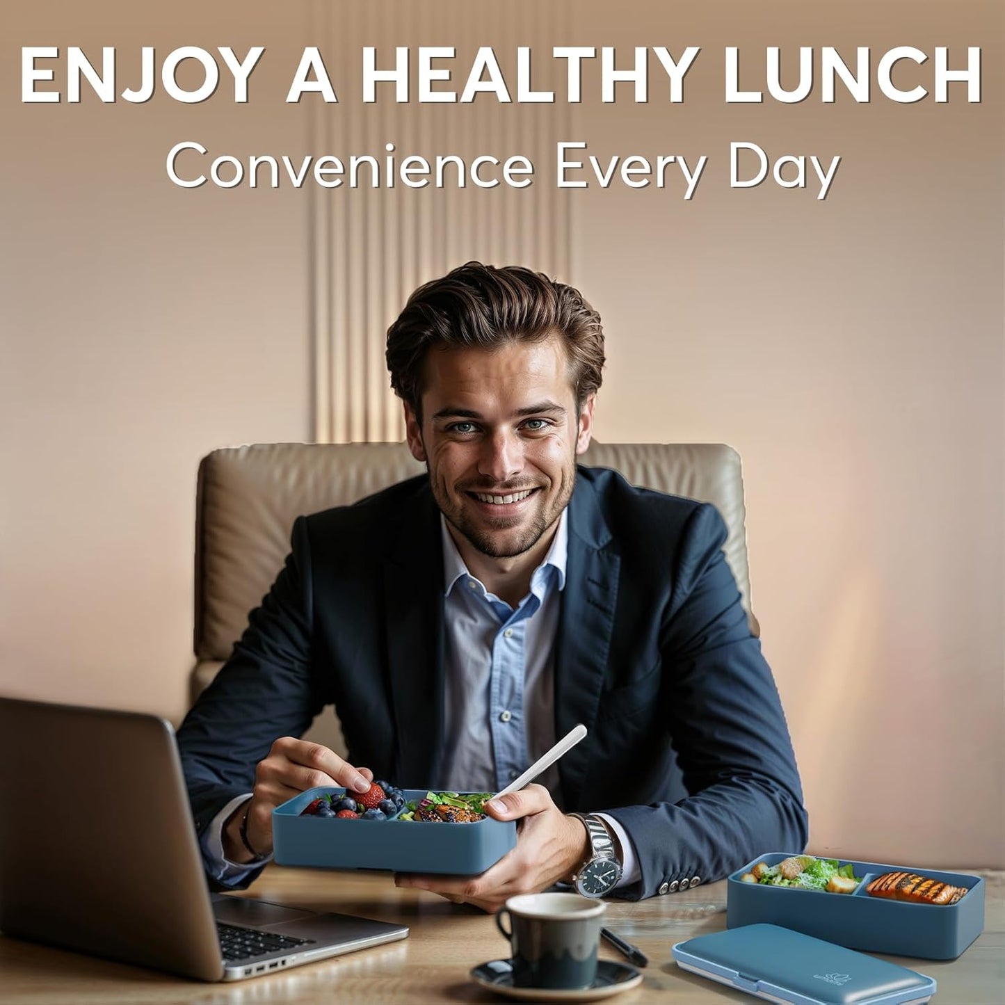 Umami Bento Box Adult All-In-1 w/4 Utensils, Big Sauce Jar, 2 Dividers, 100% Leakproof, Microwave & Dishwasher Safe, Stackable Bento Lunch Box Containers for Men/Women, Denim Blue, 40 oz