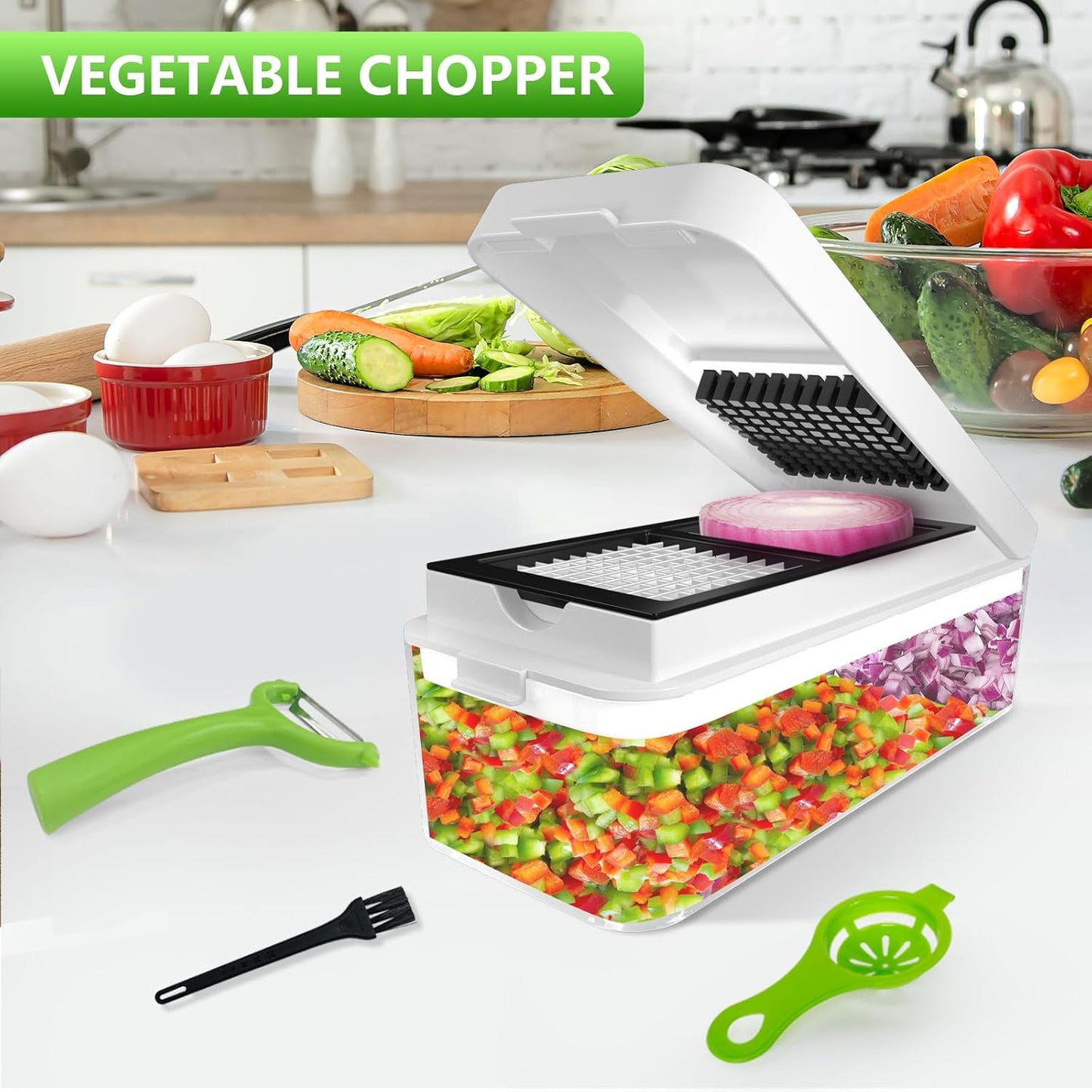 Vegetable Chopper, Onion Chopper Dicer, Mandoline Slicer, Food Chopper with Container, Vegetable Cutter for Salad Potato Carrot Garlic(2 Blades, White Black)