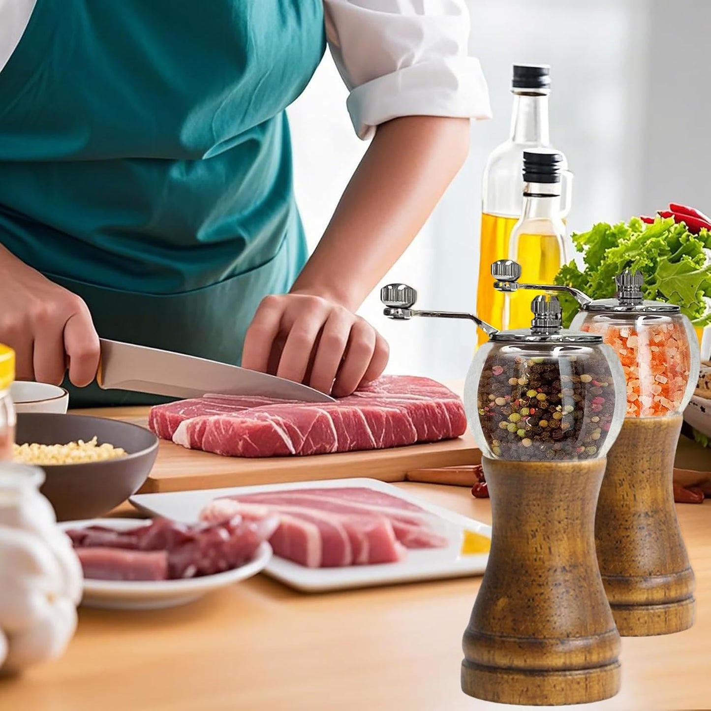 Salt and Pepper Grinder Set 2pcs-6in Pepper Mills Classical Roast Black Wooden Manual Pepper Grinder Set Metal Hand Shake Sea Salt Mill, Ceramic Core Grinding Fresh Ground Pepper Sea Salts