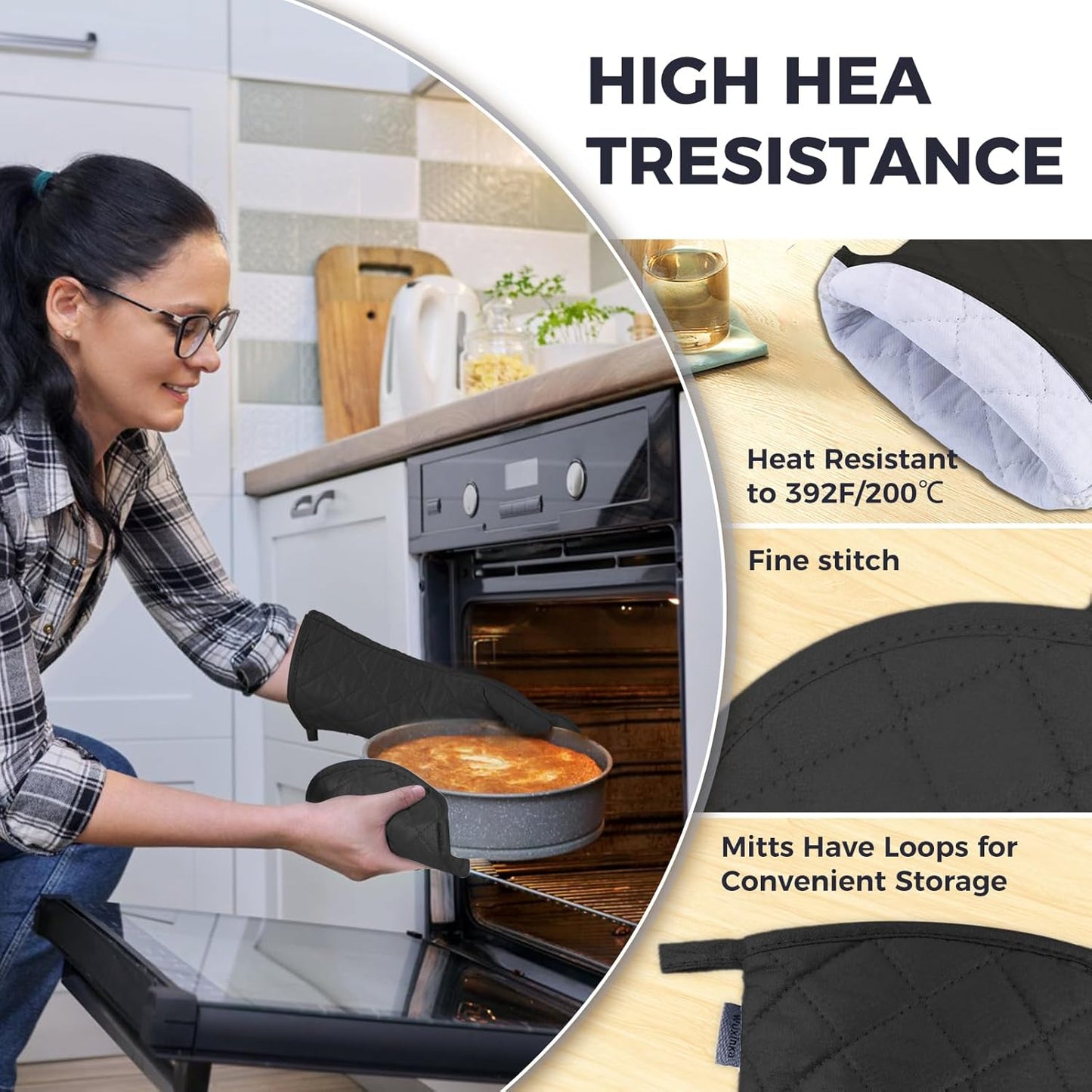 Set of 4 Oven Mitts and Pot Holder Heavy and Tall Kitchen Cotton Gloves Lined Towelcloth, Gloves Length 40cm, Pot Holder Width 20cm Diameter Round… (Black)