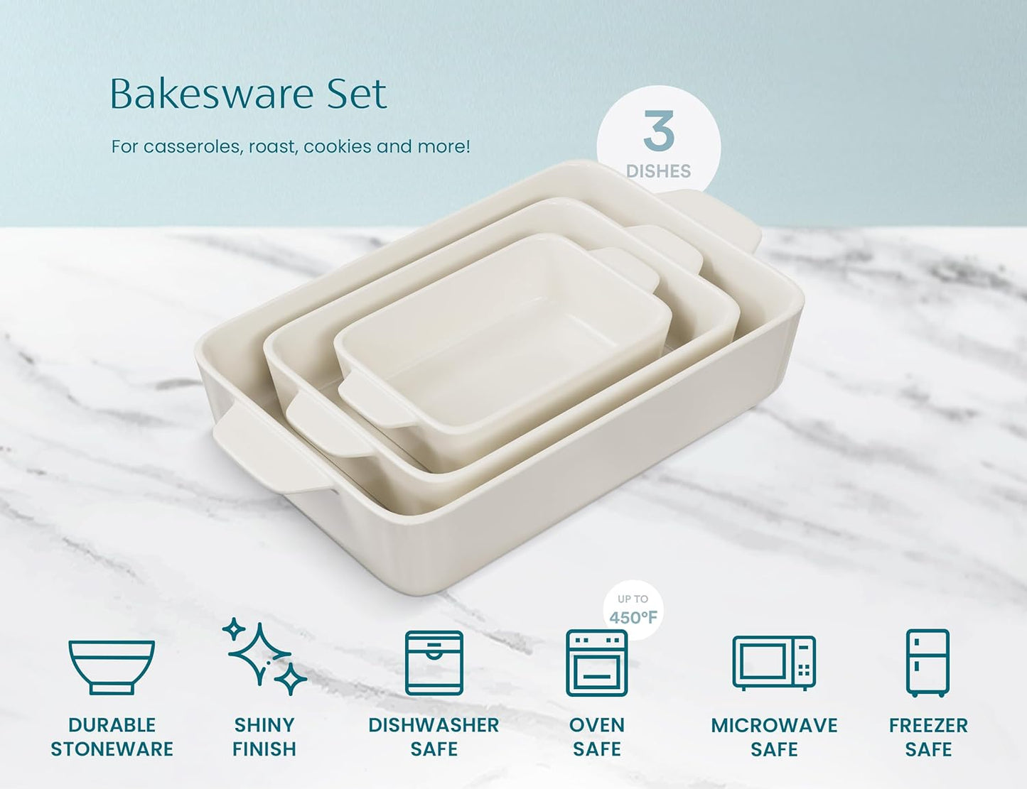 Kook Casserole Dish, Ceramic Baking Dish, Large Lasagna Pan Deep for Oven, 8.5 x 14, 11 x 7, 8 x 5, Set of 3, 92oz, 50oz, 20oz, Baking Pan with Handles, Oven Safe and Durable, Home, Gift, (Cream)
