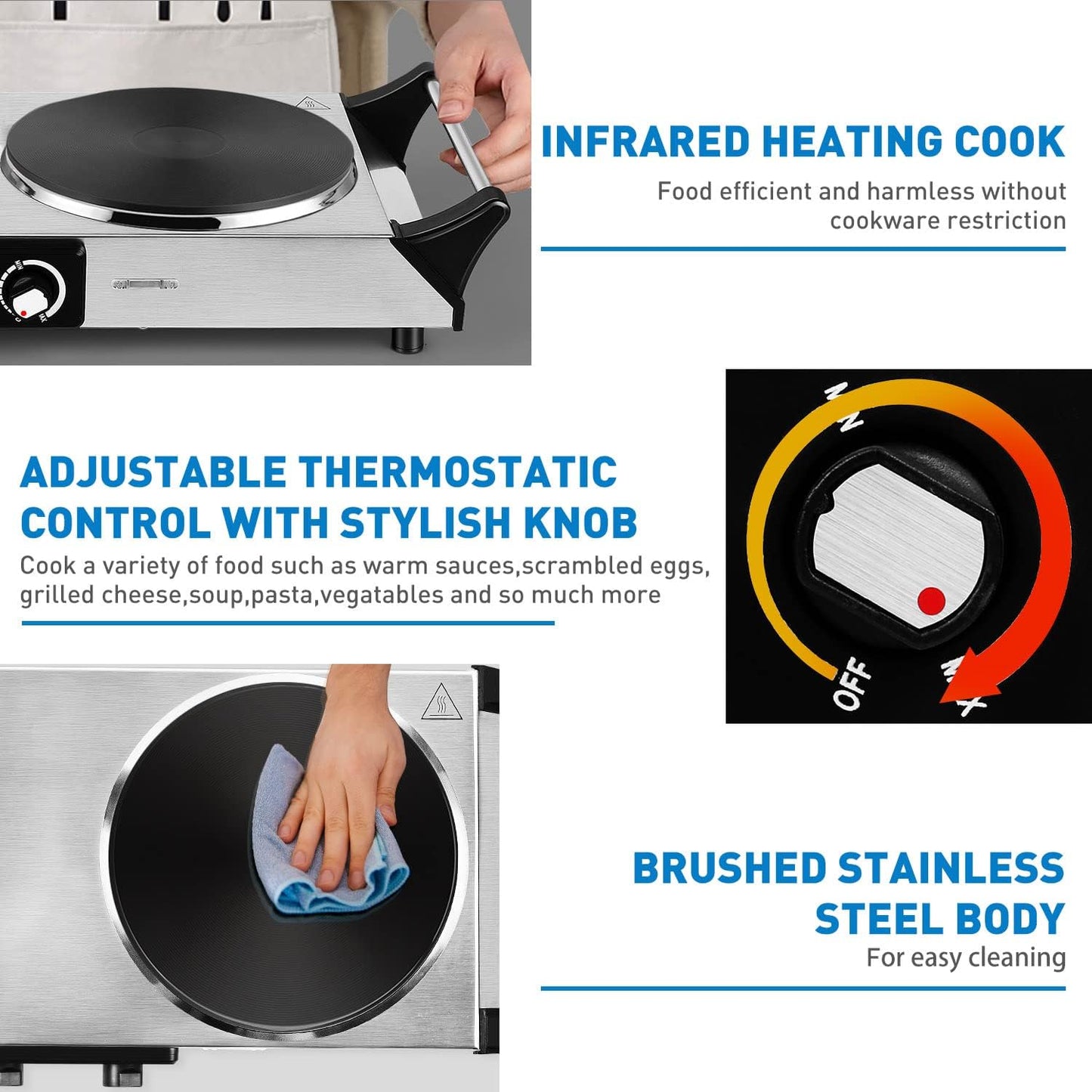 Hot Plate, Techwood 1800W Portable Electric Stove for Cooking Countertop Dual Burners with Adjustable Temperature & Handles, 7.5” Cooktop for Home/RV/Camp, Compatible for All Cookwares, Silver