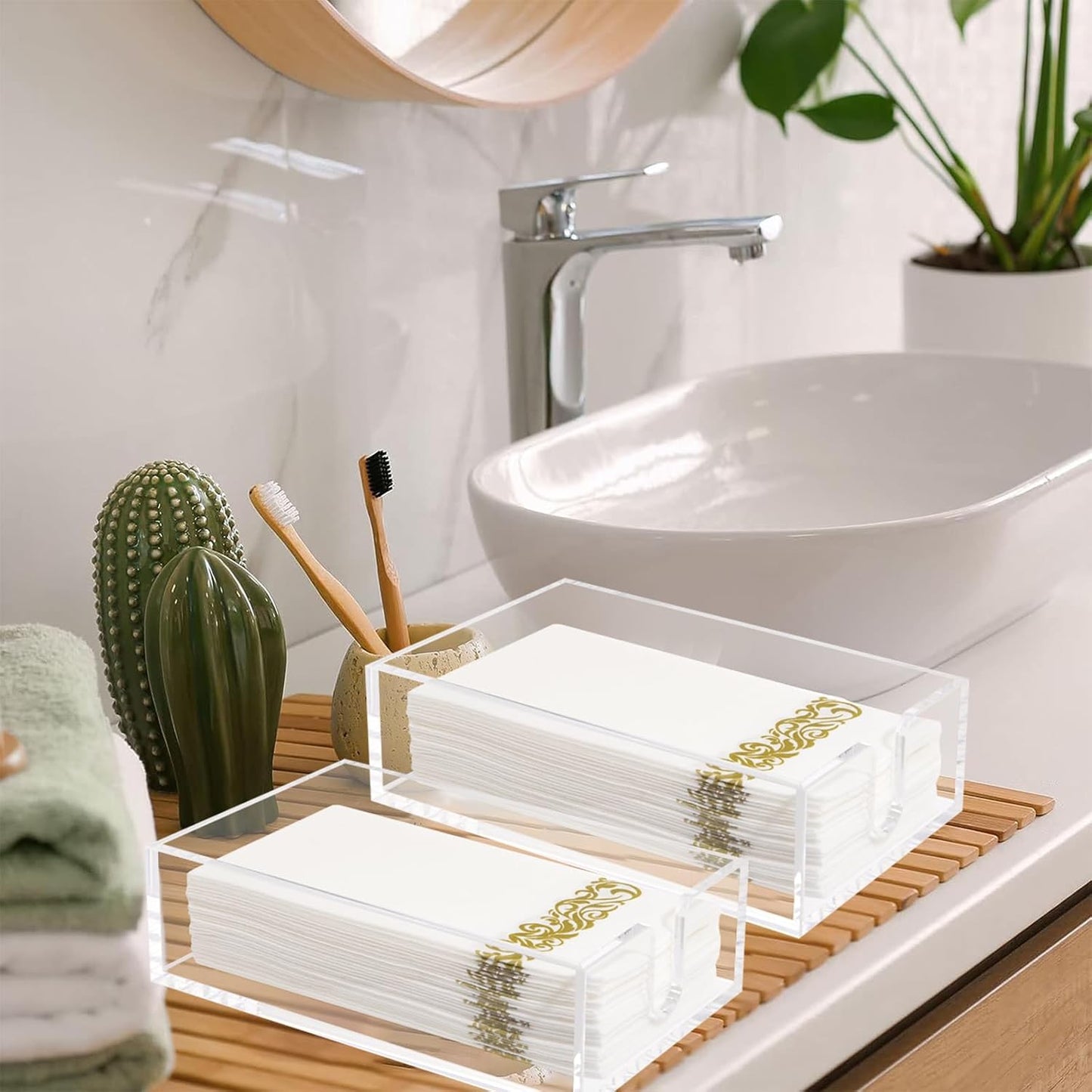 Rubtlamp 2 Pack 0.12 Thickness Clear Napkin Holder, Flat Napkin Holder,9x5.5x2.5inch Acrylic Guest Towel napkin holder, Clear Bathroom Paper Hand Towels Storage Tray For Kitchen Dinning