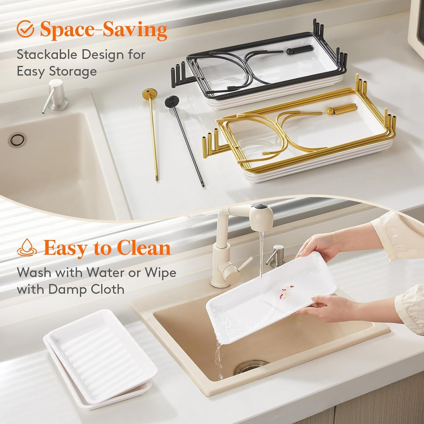 Lifewit 3 Tiered Tray Stand for Party Entertaining, 14"×6.5" Serving Platters and Trays, Reusable Plastic Trays with Stable Gold Mental Stand for Veggie, Fruit, Cookies, Dessert