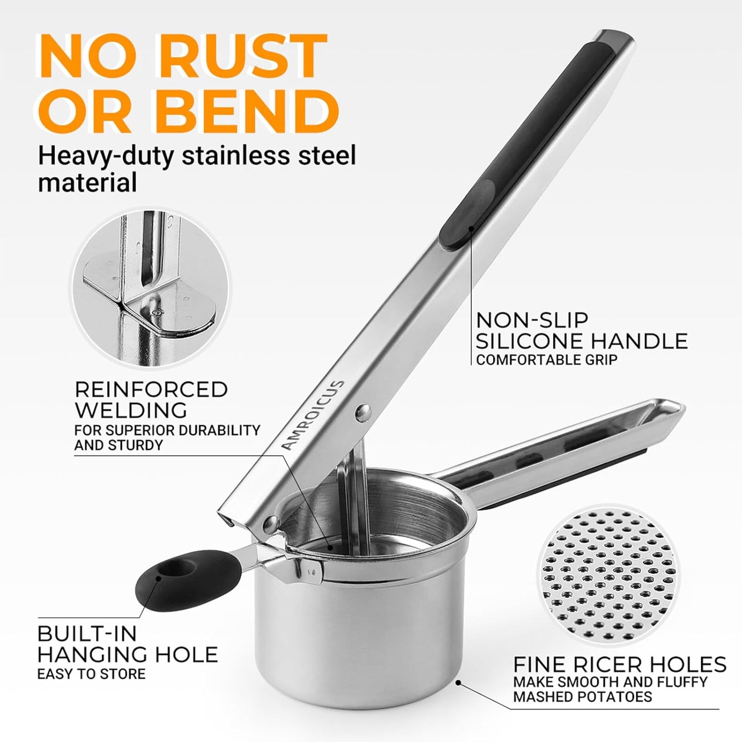 Potato Ricer Stainless Steel, Large Potato Masher 15oz, Heavy Duty Ricer Kitchen Tool for Perfect Mashed Potatoes, Potato Press and Mash Kitchen Gadget, Spaetzle Maker for Noodle